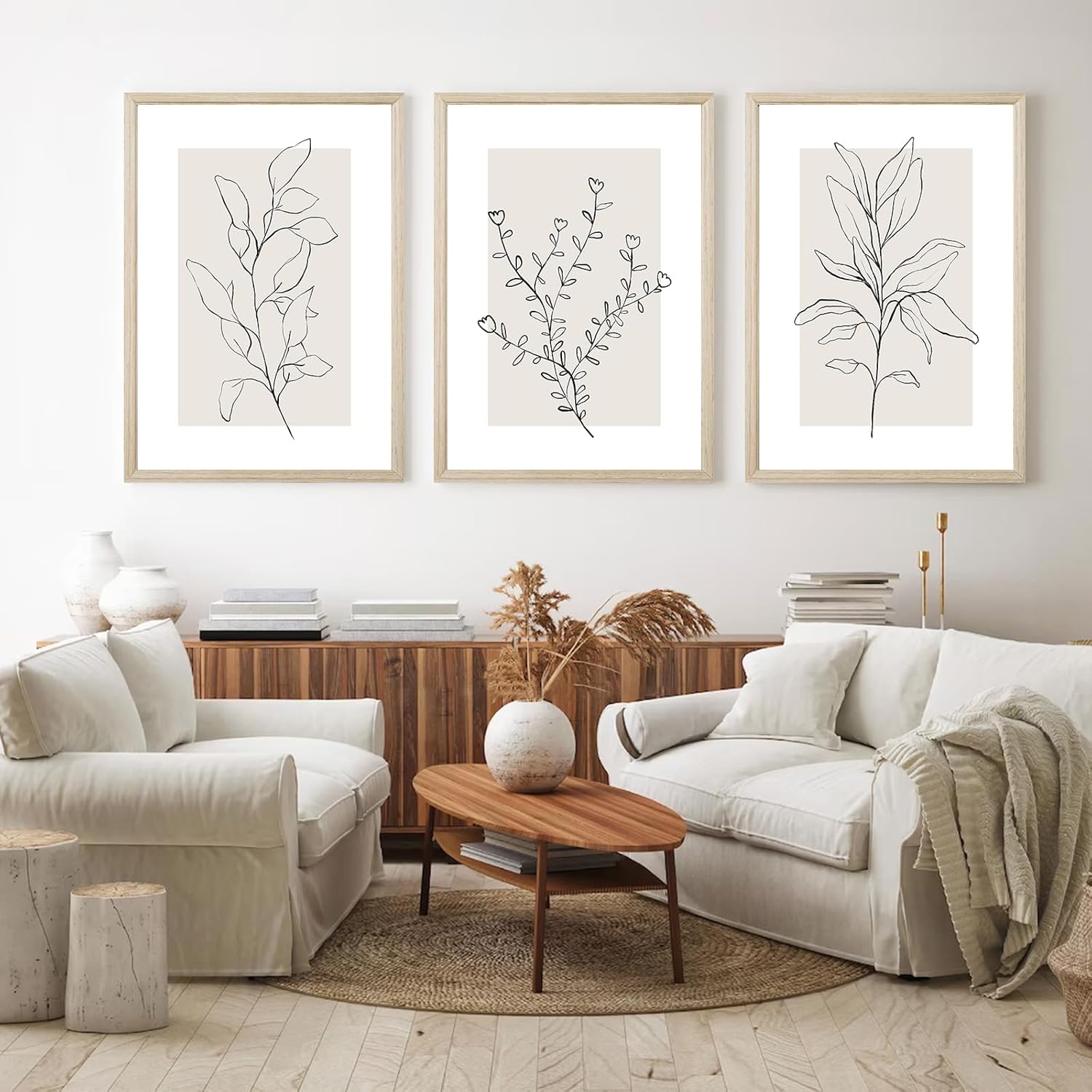 Neutral Botanical Prints Wall Art Decor Plant Minimalist Canvas Pictures Vintage Beige Wall Art Modern Farmhouse Line Poster Boho Abstract Painting Artwork for Bedroom 12x16 Inch Framed Set of 3