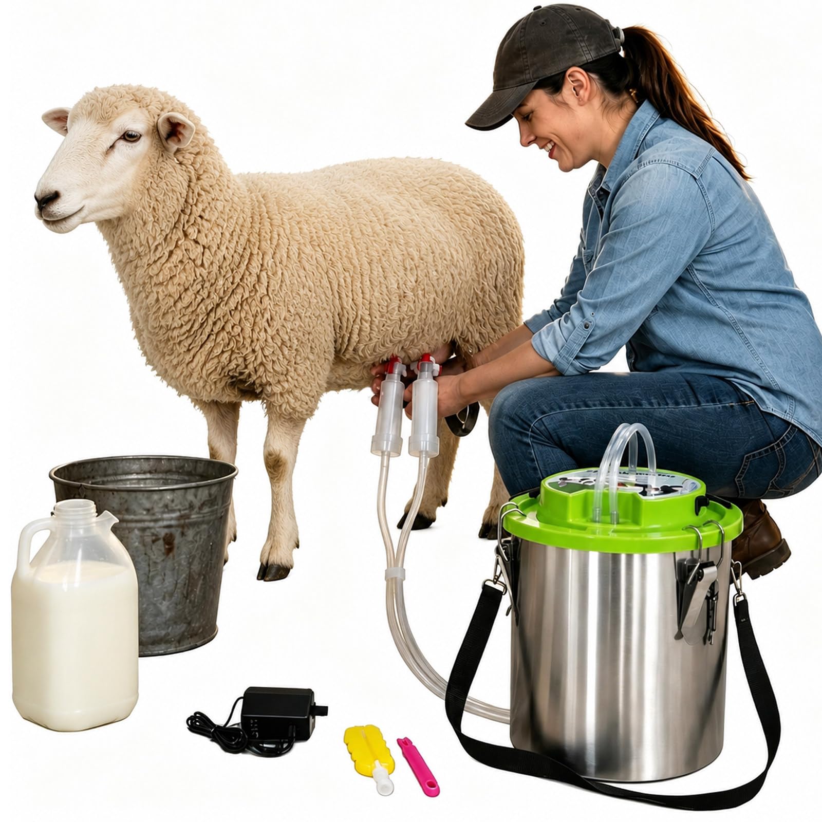 moupeaktain Goat Milker Machine, 12L Electric Milking Machine for Goats Cows and Sheep, Portable Rechargeable Goat Milking Machine with 5200mah Battery, Automatic Stop, Stainless Steel Bucket Sheep