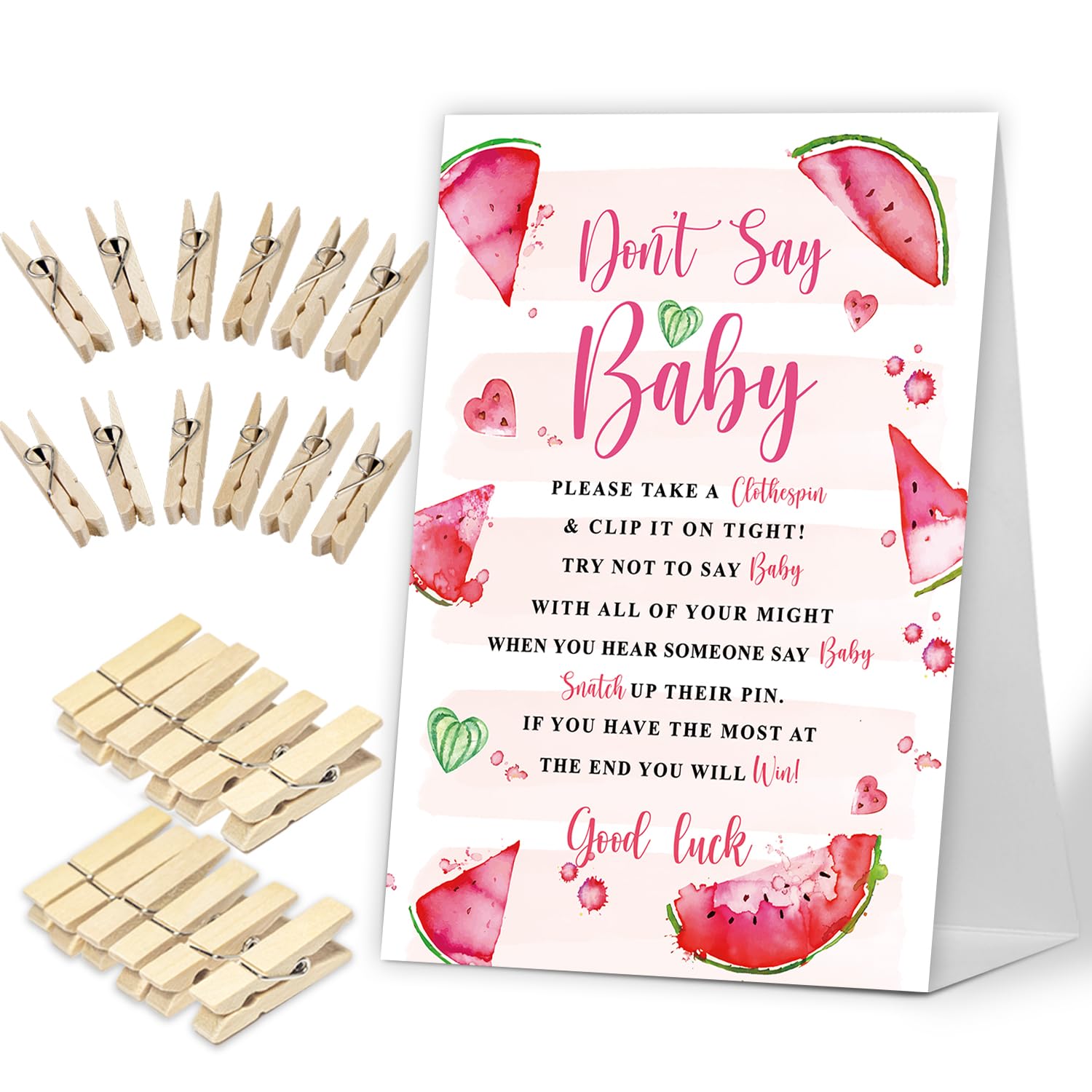 Don't Say Baby Game, Watermelon Summer Fruit Baby Shower Game Include Baby Shower Sign and 50 Pcs Mini Clothespins, Gender Neutral Baby Shower