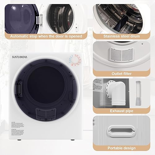 Miniatura 4 de Elevon Secadora de ropa compacta, 2.6 pies cúbicos de acero inoxidable de carga frontal con tubo de escape, 1400 W, panel de control, secadora