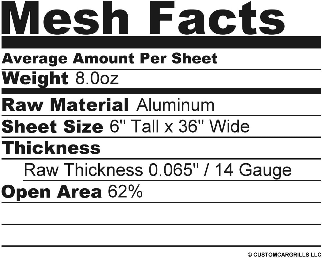 customcargrills 6"x36" Perforated GT Grill Mesh Sheet - Silver - Shipped Flat, 0.37 x 0.75 inch ellipse hole opening, 0.065" thick raw Aluminum, Made in USA