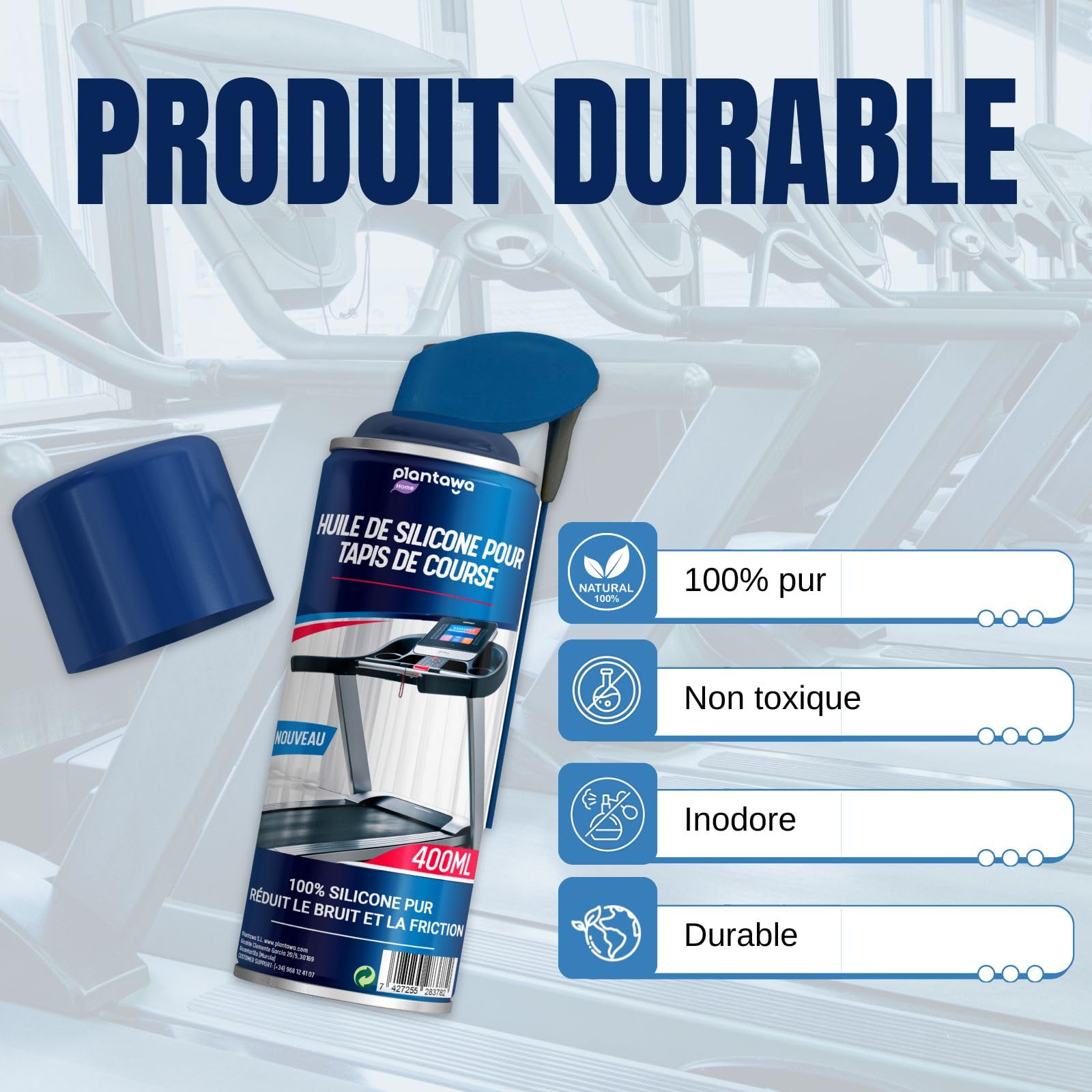 Plantawa Spray lubrifiant pour tapis de course 400 ml | Lubrifiant en silicone pour tapis de course. Idéal pour gymnases, tapis de course. Application précise. Convient à tous les tapis de course.