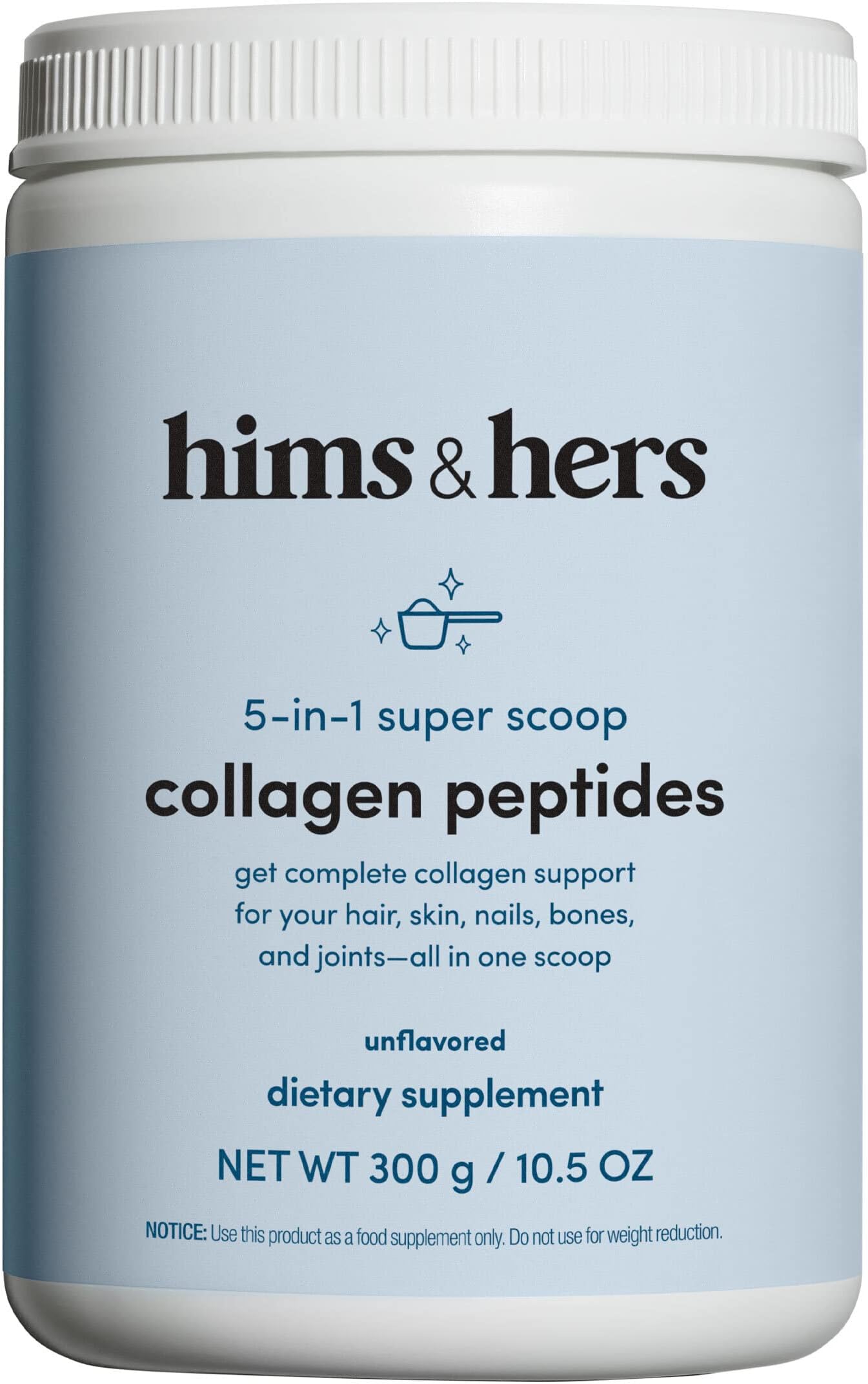 HIMS & HERS unflavored Collagen Protein Powder with 18 Amino acids, Soy-Free and Gluten-Free, no GMOs and Artificial sweeteners, 30 Servings, 10.5oz