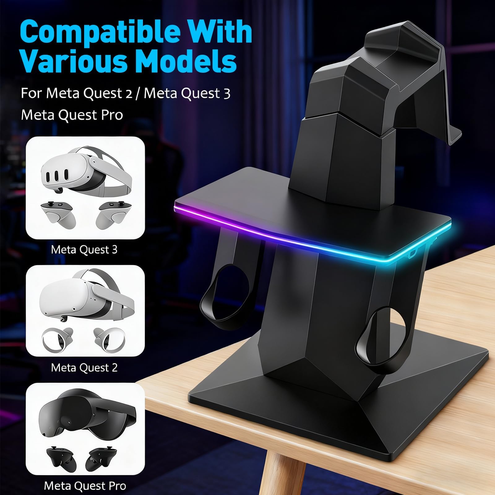 Station de charge pour Meta Quest 3S, Quest 3, 2 ou Pro, support vertical de charge RVB, accessoires avec réglage de la luminosité et réglage de 14 effets de lumière, port de charge de type C