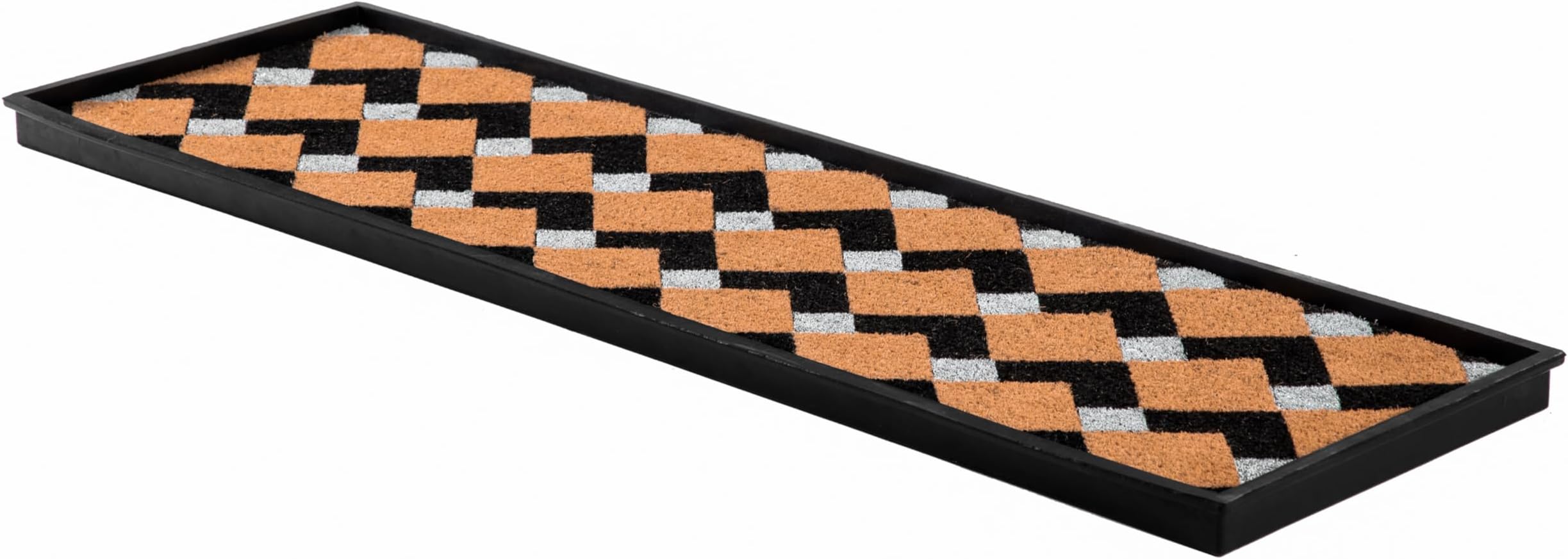 Anji Mountain Rubber Boot/Shoe Tray with Coir, Fits 4 Pair (46.5" Wide), Tan and Black Chevron Insert