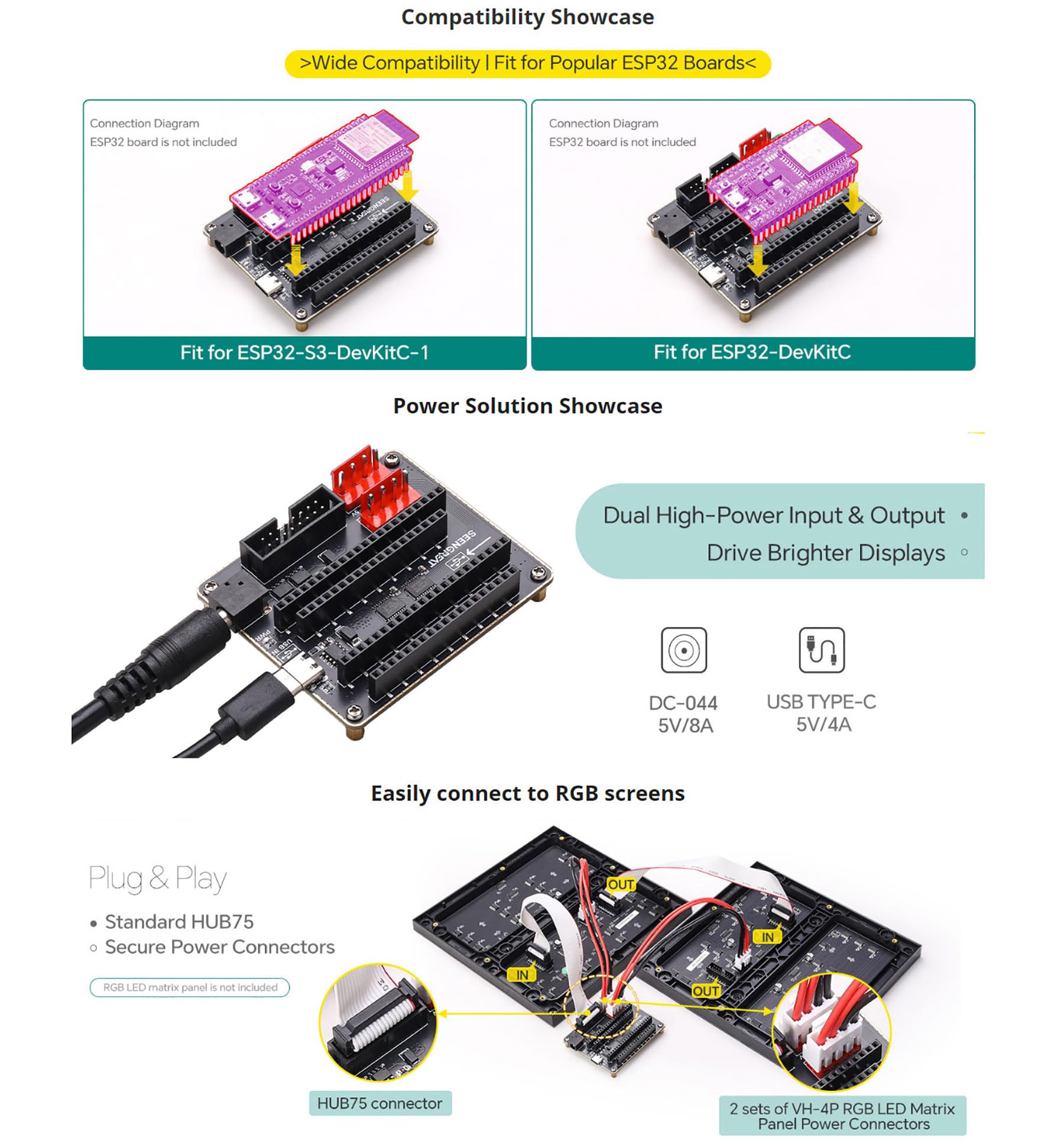 RGB Matrix Adapterbord (E), Ontworpen voor ESP32-S3 DevKitC-1 en ESP32-DevKitC V4, HUB75 Interface, Dubbele voedingsinvoer USB-C/DC, Geschikt voor RGB LED-paneelscherm