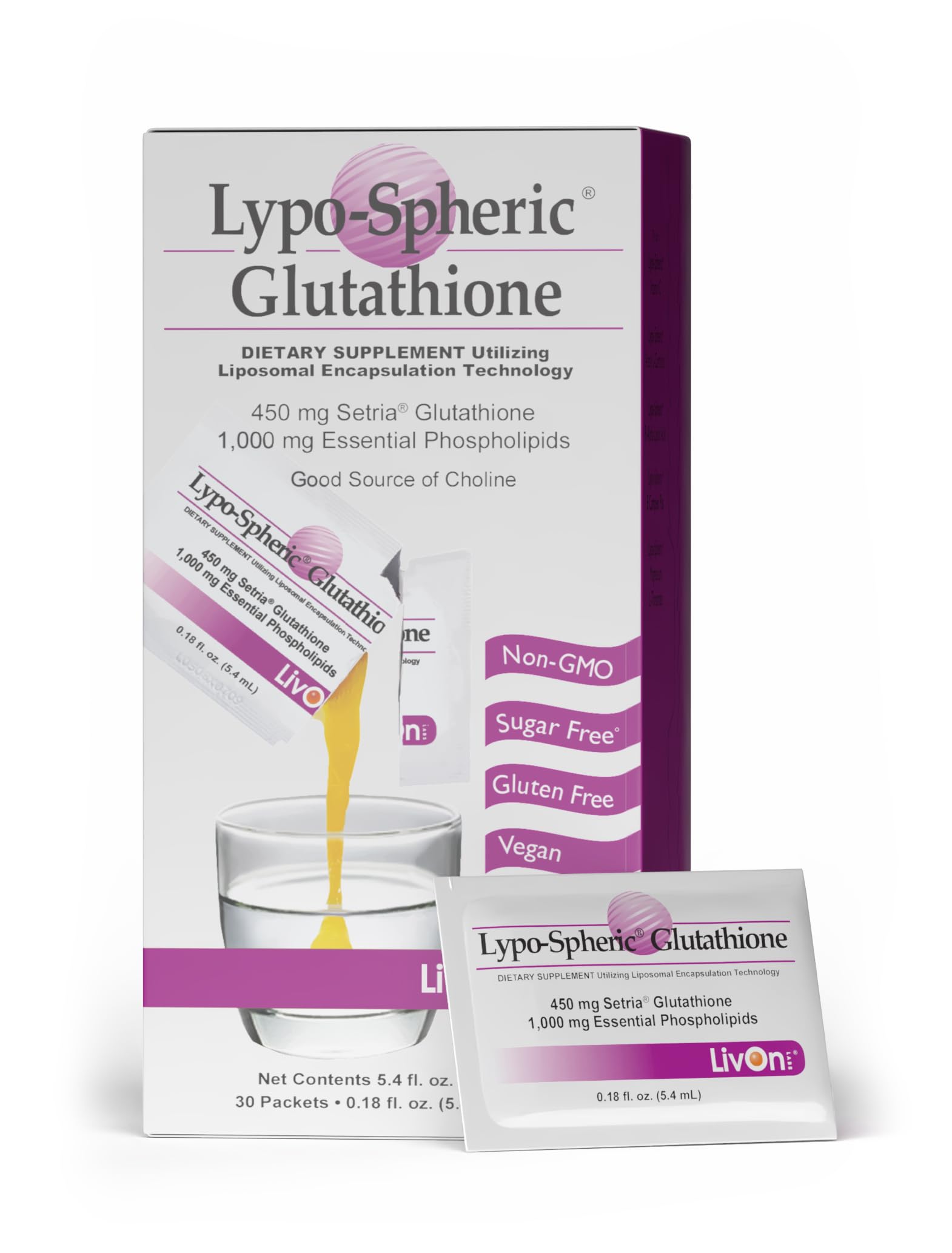 LivOn Laboratories Lypo-Spheric Glutathione - 30 Packets – 450 mg Glutathione Per Packet – Liposome Encapsulated for Maximum Bioavailability – Professionally Formulated – 100% Non-GMO