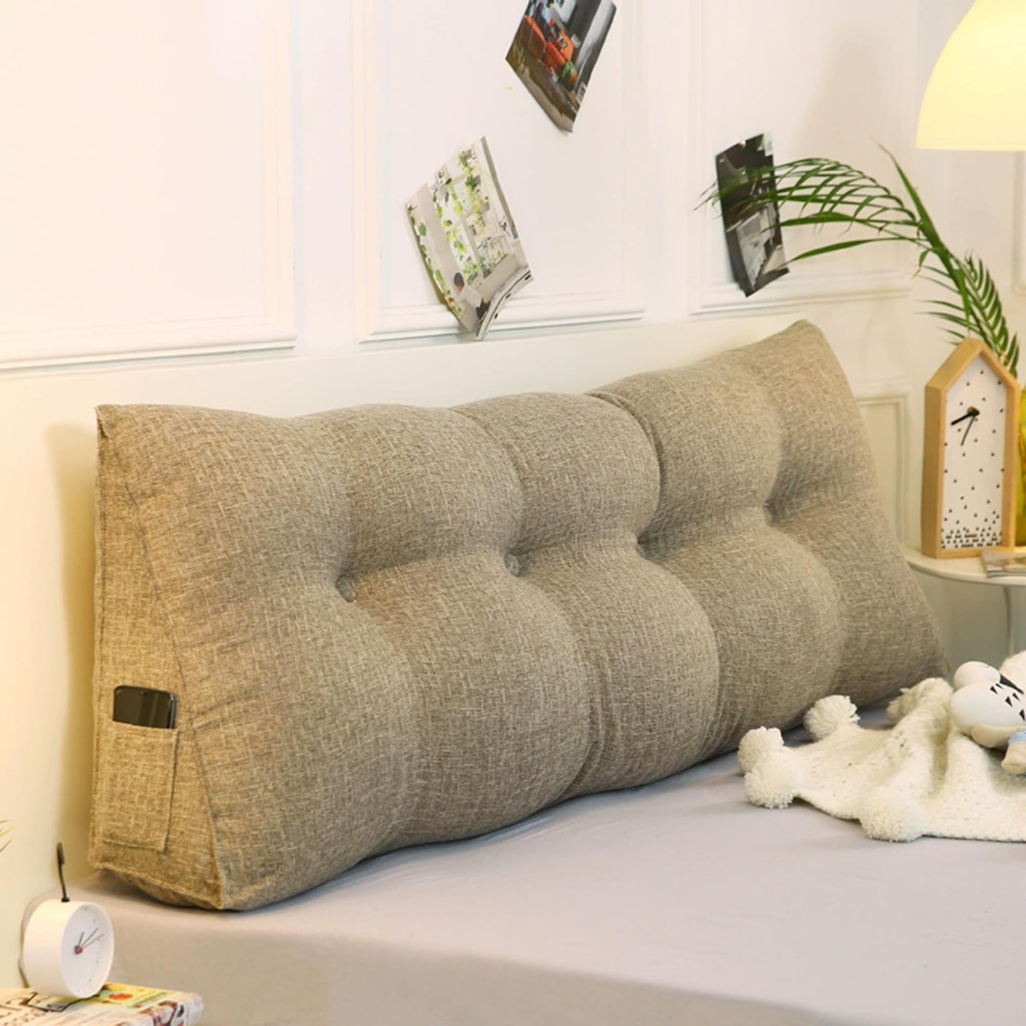 DUOLEH Wedge Lumbar Pillows, Headboard Backrest, Waist Backrest, Reading Pillow with Side Pockets, Lumbar Support Cushion, Triangular Wedge Cushion for Sofa, Bed (120x50x20cm,Light brown)