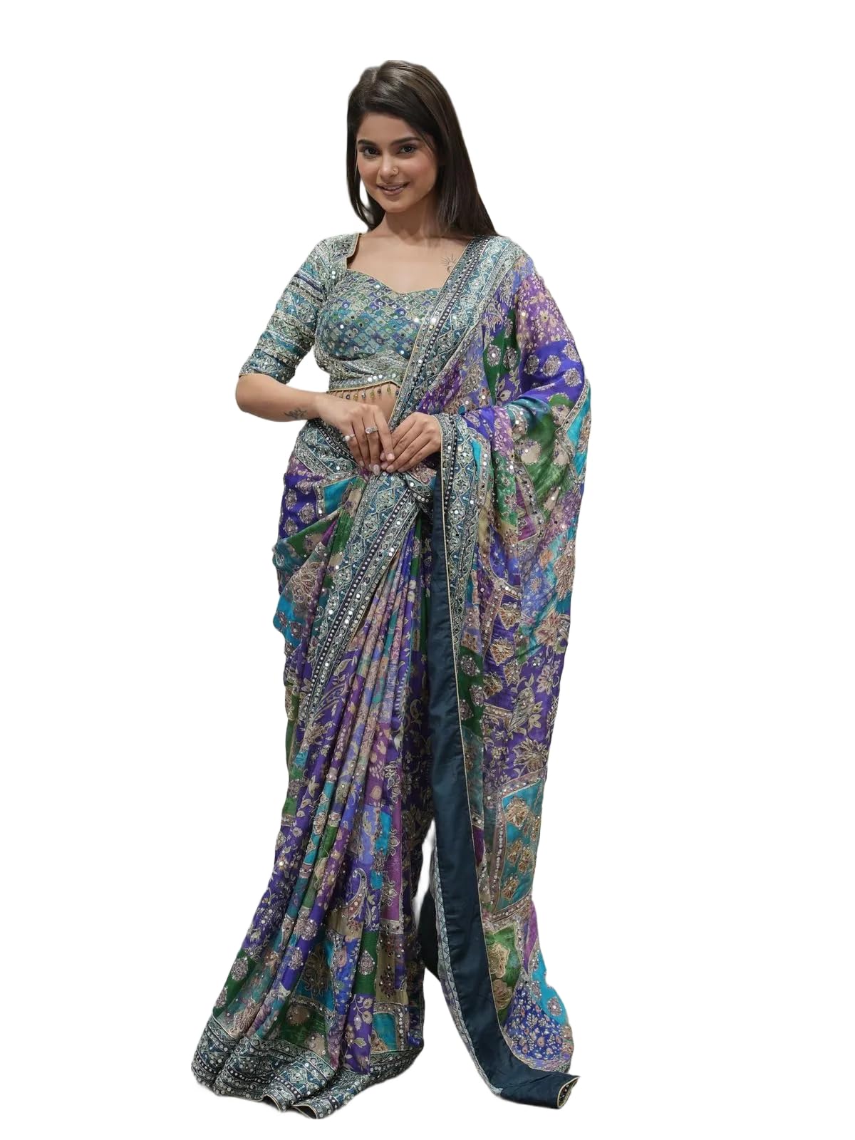 orbexa Women’s Soft Chinnon Silk Digital Print Saree with Embroidery and Real Mirror Work, Designer Traditional Saree with Elegant Piping Border and Unstitched Blouse-picture-45
