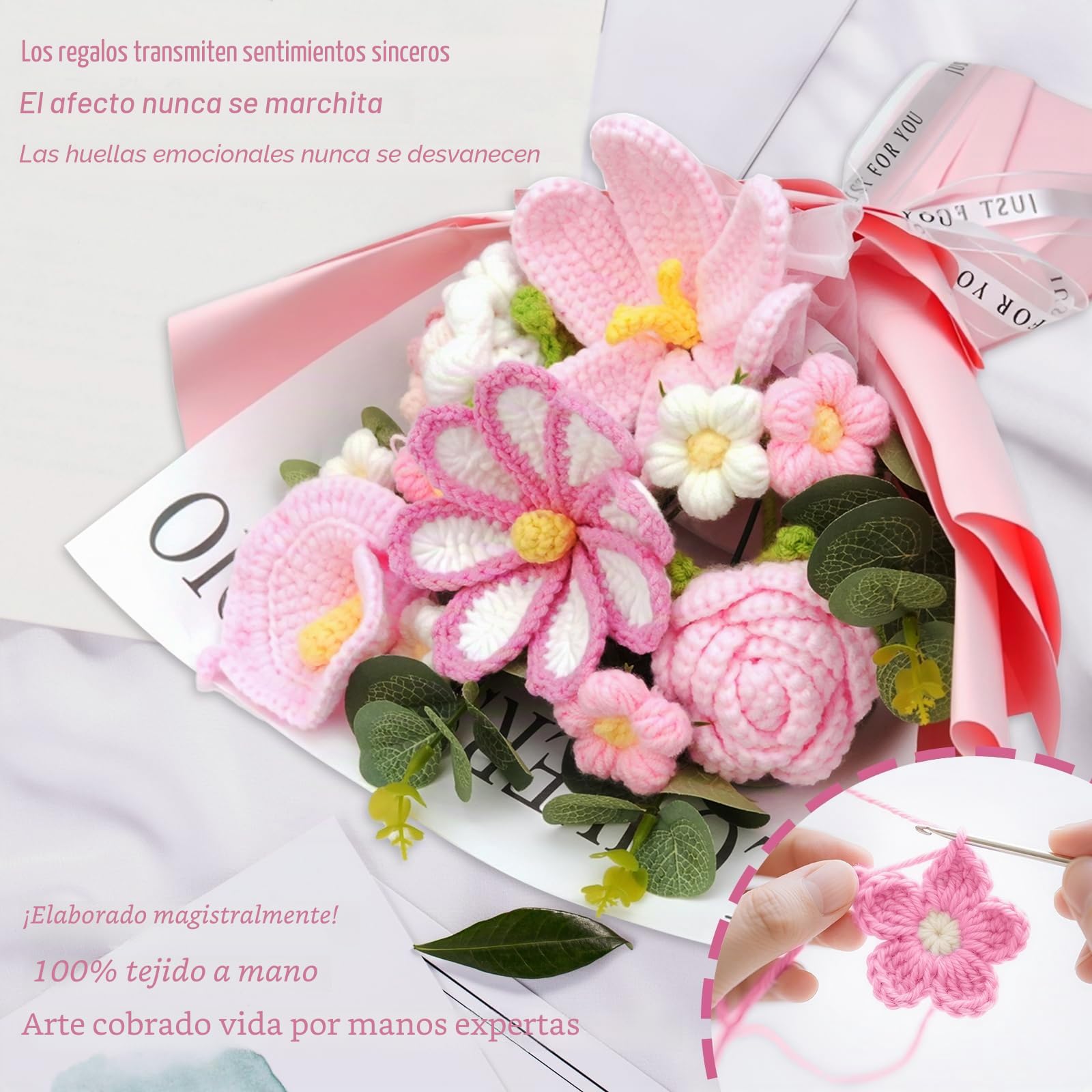 Ramo de flores de punto de ganchillo de rosas para decoración del hogar, aniversarios, bodas, cumpleaños, día de la madre con bolsa de regalo y tarjeta de felicitación, rosa