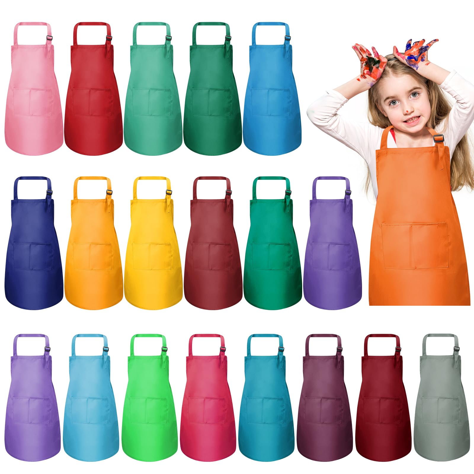 MALLOOM 20 grembiuli per bambini, grembiule da cucina regolabile con 2 tasche, grembiuli da cucina per bambini, set di grembiuli da cucina, cucina, cucina, pittura, cottura, cottura, ragazzi e ragazze