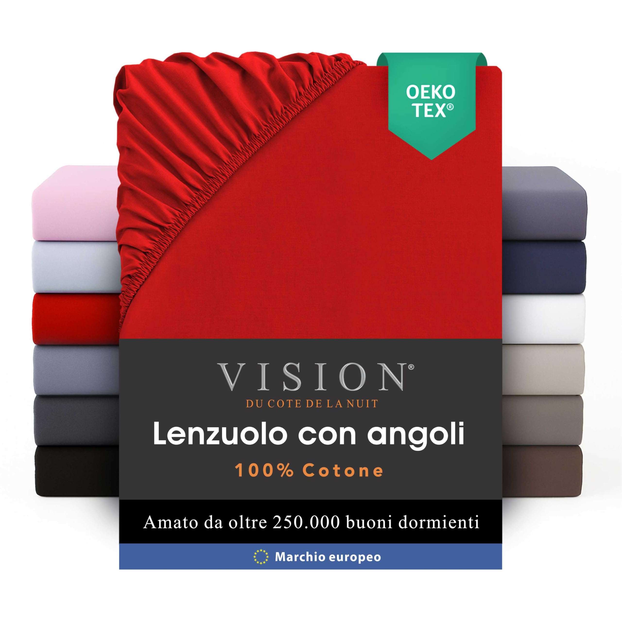 VISION Lenzuolo con angoli - 100% cotone - Letto matrimoniale (180 x 200 cm) - Angoli elasticizzati - Adatto a materassi fino a 30 cm - Certificato Oeko-Tex - Lavabile in lavatrice - Colore: rosso