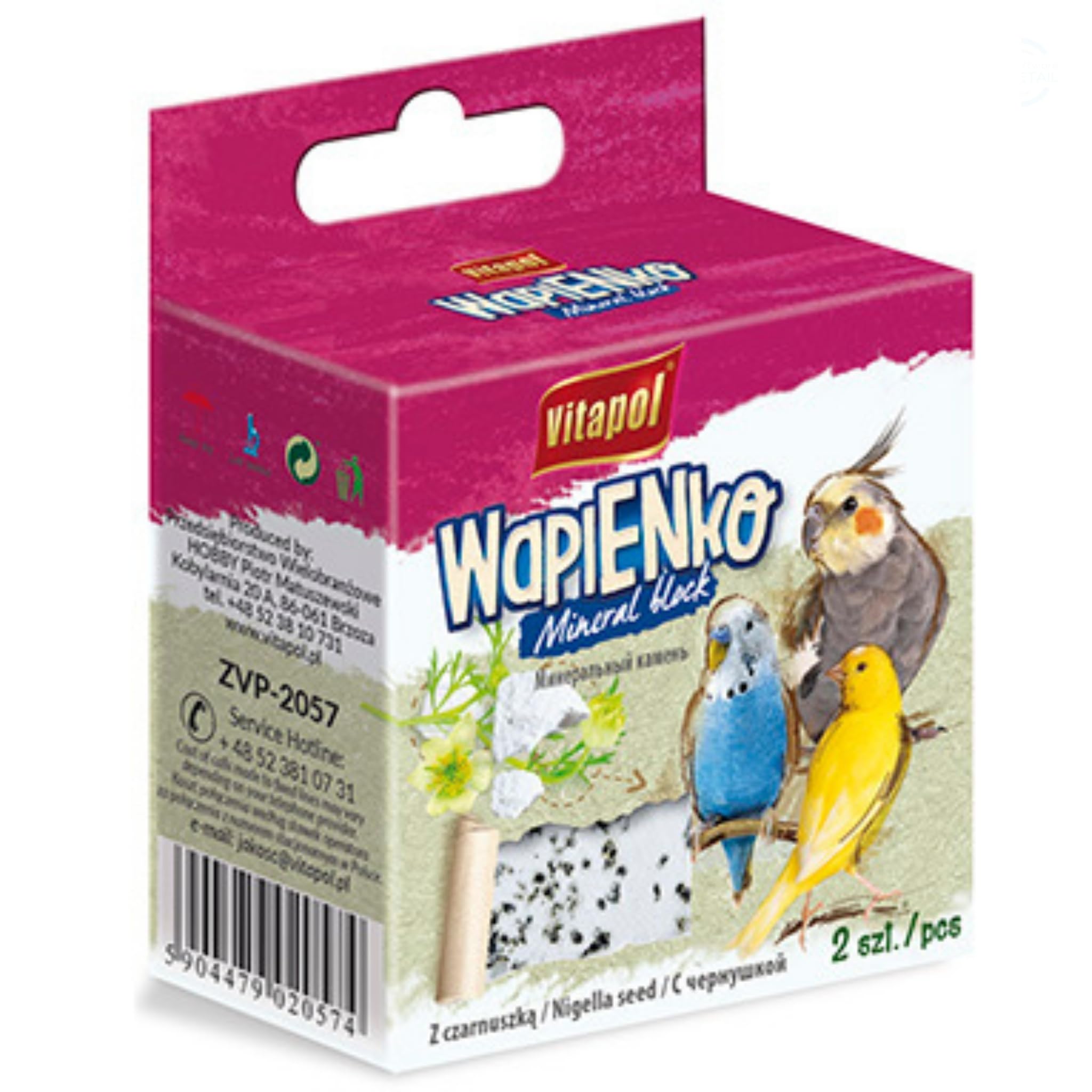 Vitapol Wapienko Bird Calcium Block – Natural Supplement for Beak Health & Eggshell Strength – Twin Pack – Hanging Mineral Block for Parrots, Budgies & Small Birds (8x, Nigella Seeds, 140g)