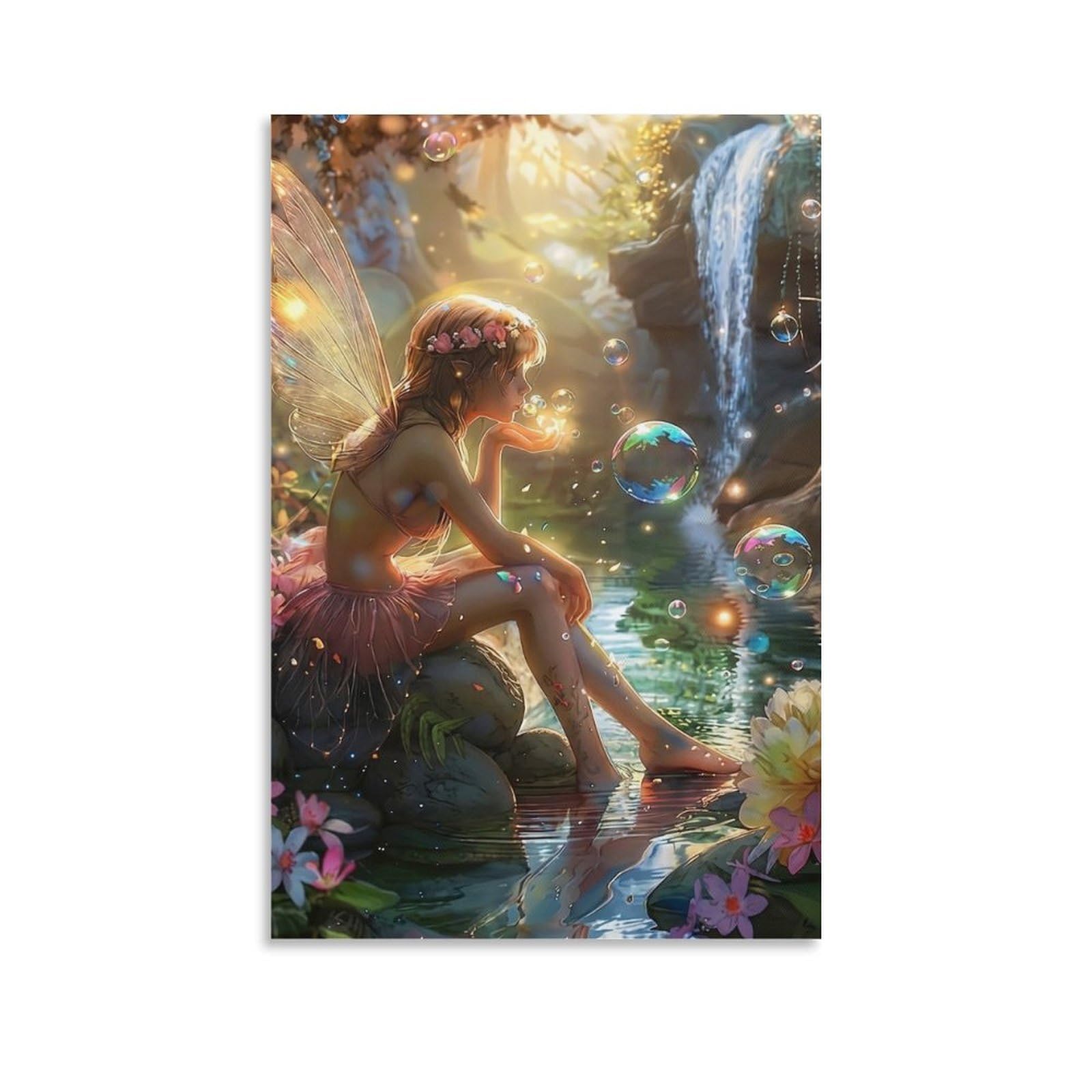 DHBANEIOK Fairy by Waterfall Wall Decor Poster Canvas Prints Picture Modern Wall Art Picture Wall Hanging for Bathroom Wall Decor 24x36inch(60x90cm)