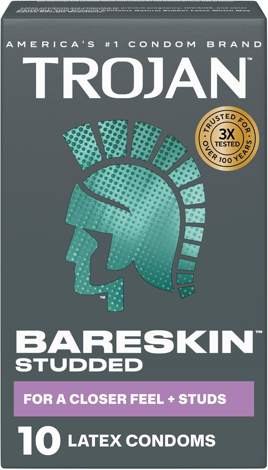 Trojan Bareskin Studded Latex Lubricated Thin Condoms for Men, Bulbous Shape, Studded Texture, Premium Latex to Help Reduce Risk of Pregnancy and Sexually Transmitted Infections (STIs), 10 Count