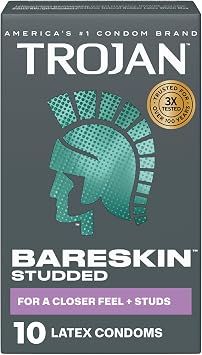 Trojan Bareskin Studded Latex Lubricated Thin Condoms for Men, Bulbous Shape, Studded Texture, Premium Latex to Help Reduce Risk of Pregnancy and Sexually Transmitted Infections (STIs), 10 Count