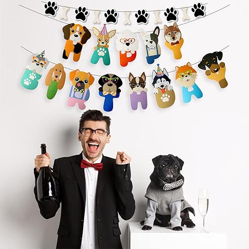 Vista 26 de Cartel con temática de perro feliz cumpleaños, decoración colorida para niños, bebés, perros, suministros de fiesta de cumpleaños Perro