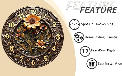 Miniatura 9 de Bronze Ornate Flower Wooden Wall Clock with Embossed Detail 25x25cm