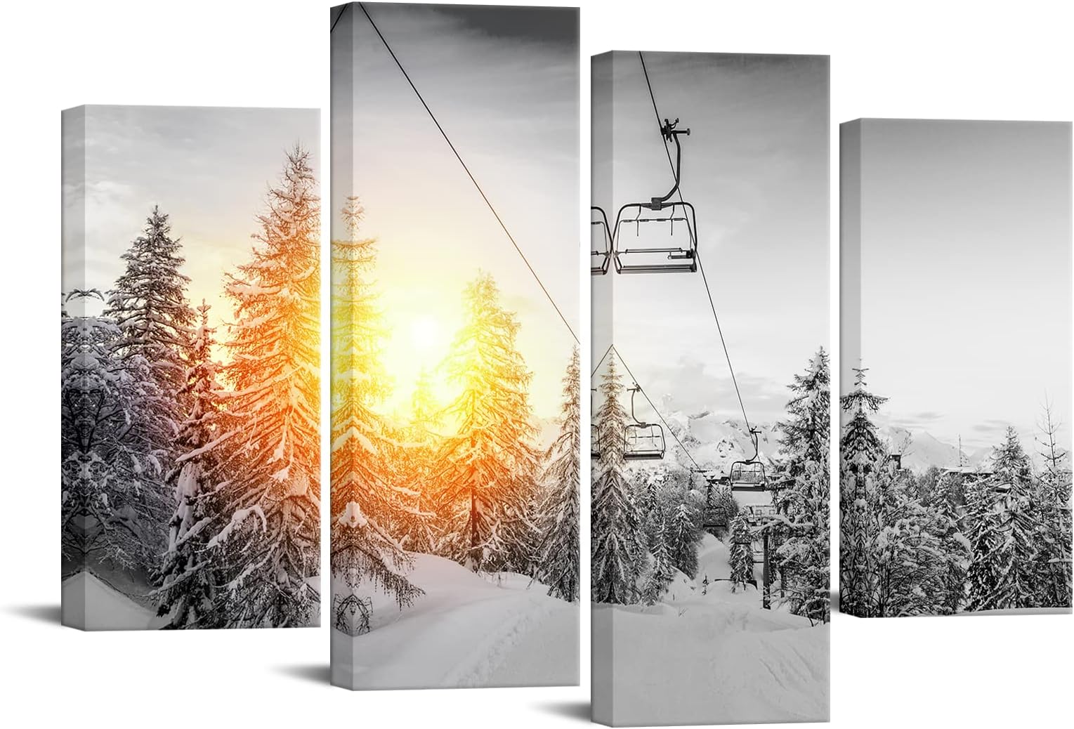 YeiLnm Ski Mountain Posters Snowboard Picture 4 Piece Wall Art Winter Canvas