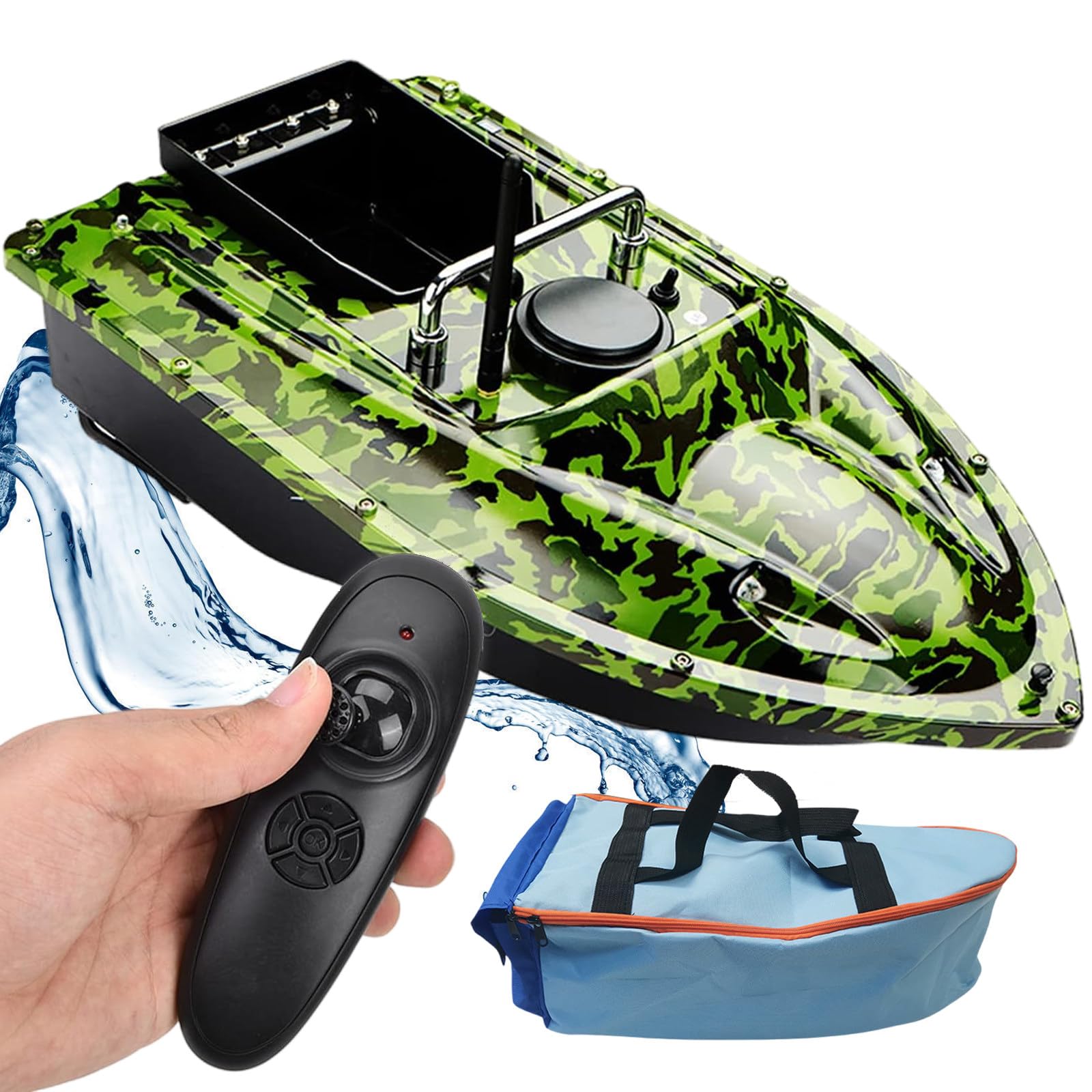Barco de pesca RC con cebo, barco de pesca inalámbrico con control remoto de 500 m, buscador de peces con luz nocturna LED, barco de cebo de dos motores, herramienta de pesca, barco de pesca con ceb