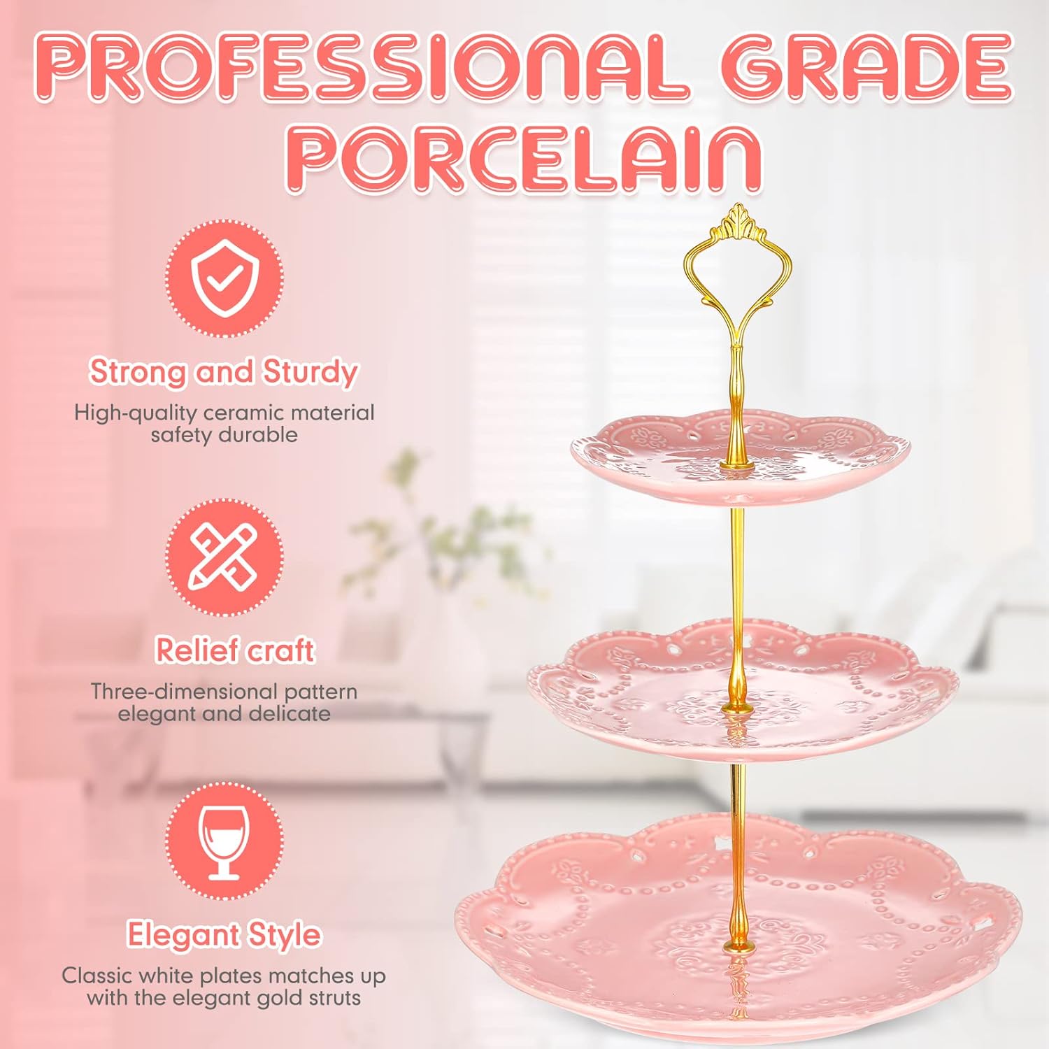 Tanlade 2 Pcs Porcelain Cupcake Stand 3 Tier Serving Tray Dessert Tiered Tea Party Plates Embossed 3 Tier Cake Stand High Tea Elegant Stand Cupcake Platter for Wedding Birthday(Pink)