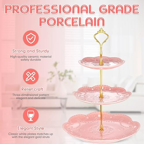 Miniatura 4 de Tanlade 2 soportes de porcelana para cupcakes de 3 niveles, bandeja para servir postres escalonados, platos de fiesta de té en relieve, soporte para