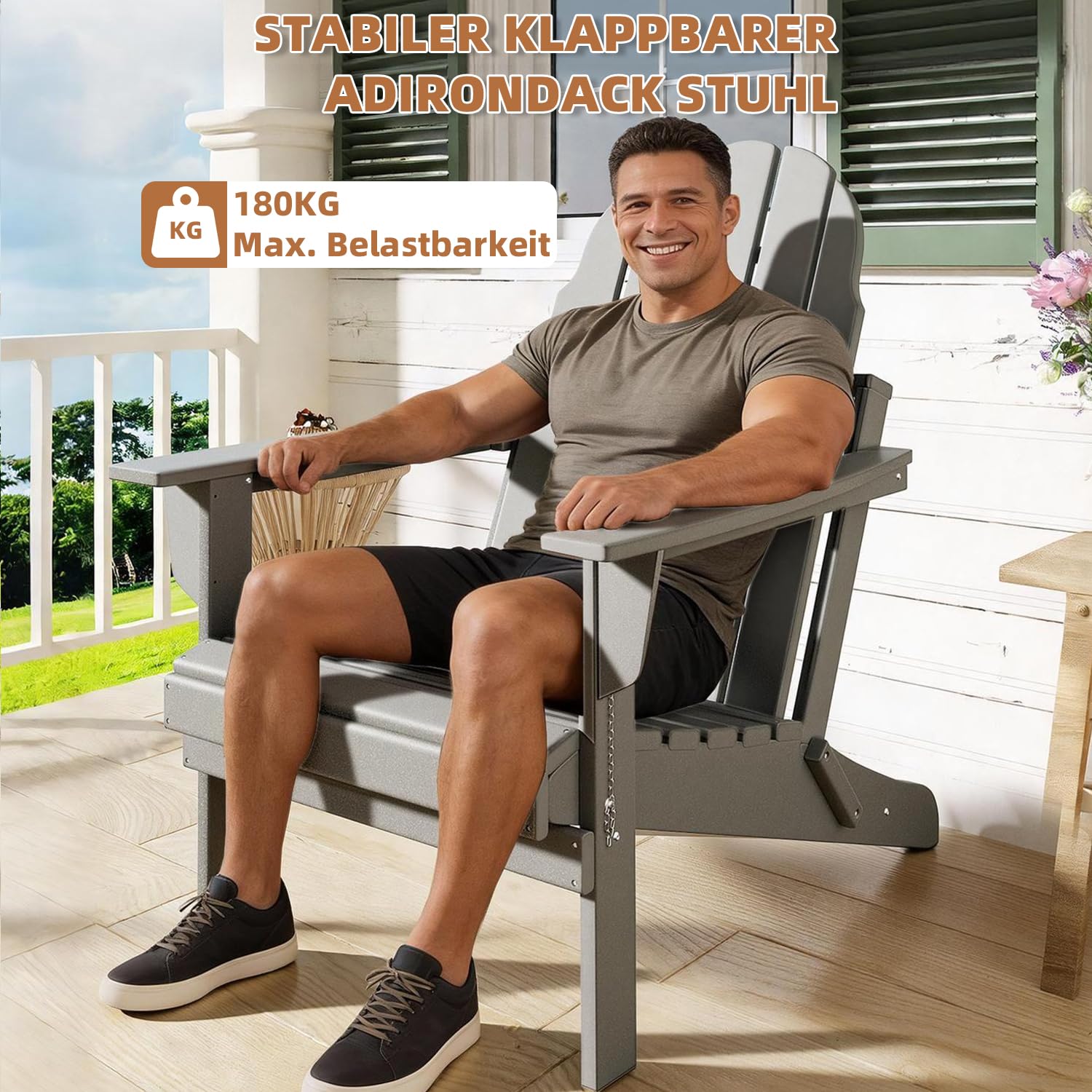 Mdeam Adirondack Stuhl Klappbar, Gartenstuhl mit Rückenlehne & Armlehnen für Garten Terrasse, Adirondack Chair Wetterfestes HDPE, Grau
