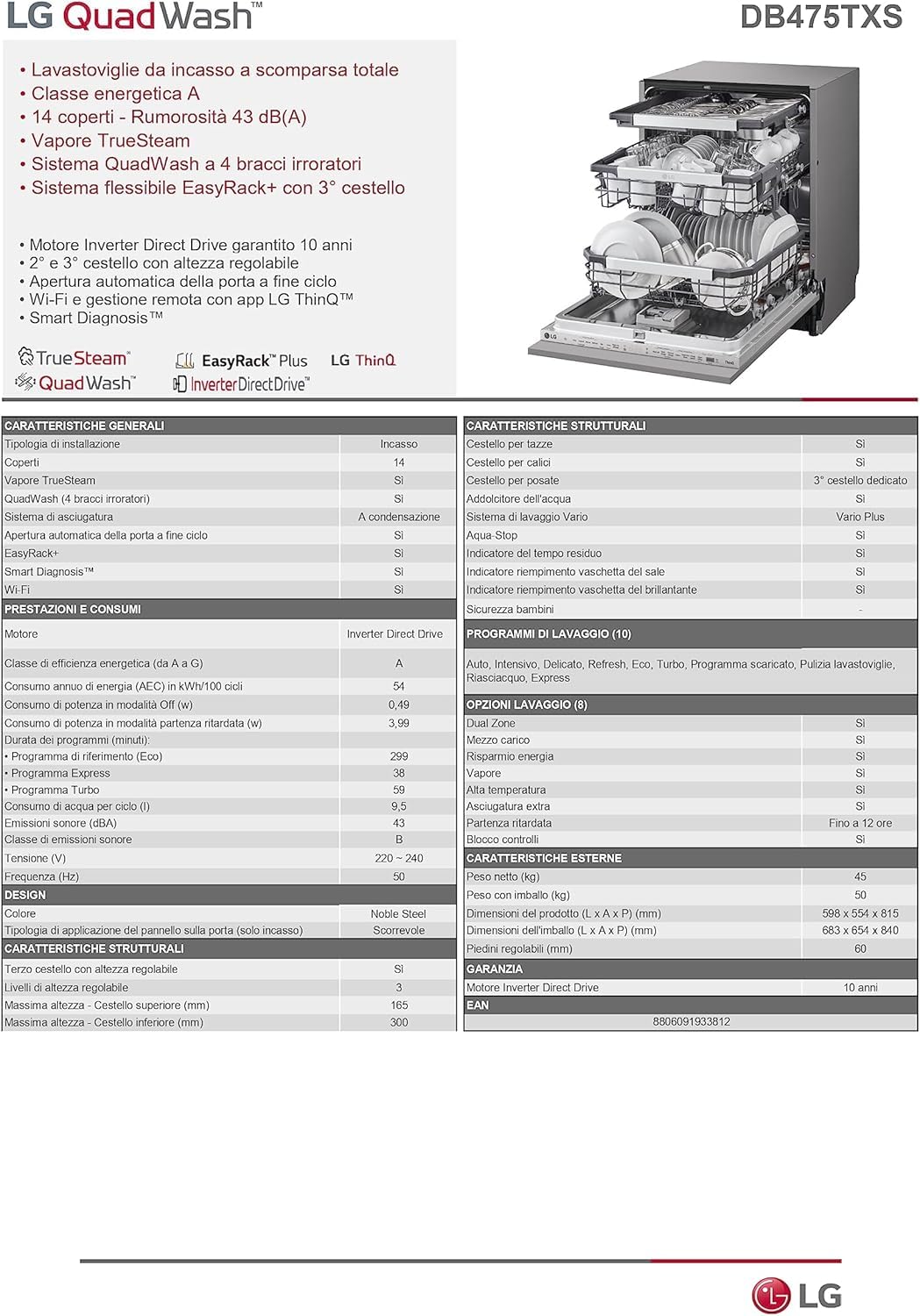 LG QuadWash DB365TXS Lavastoviglie da Incasso a Scomparsa Totale, Serie 3, Classe B, 14 coperti, 4 Bracci Irroratori, Vapore, Cerniere Sliding, Apertura Automatica, 3° Cestello, Wi-Fi, Acciaio