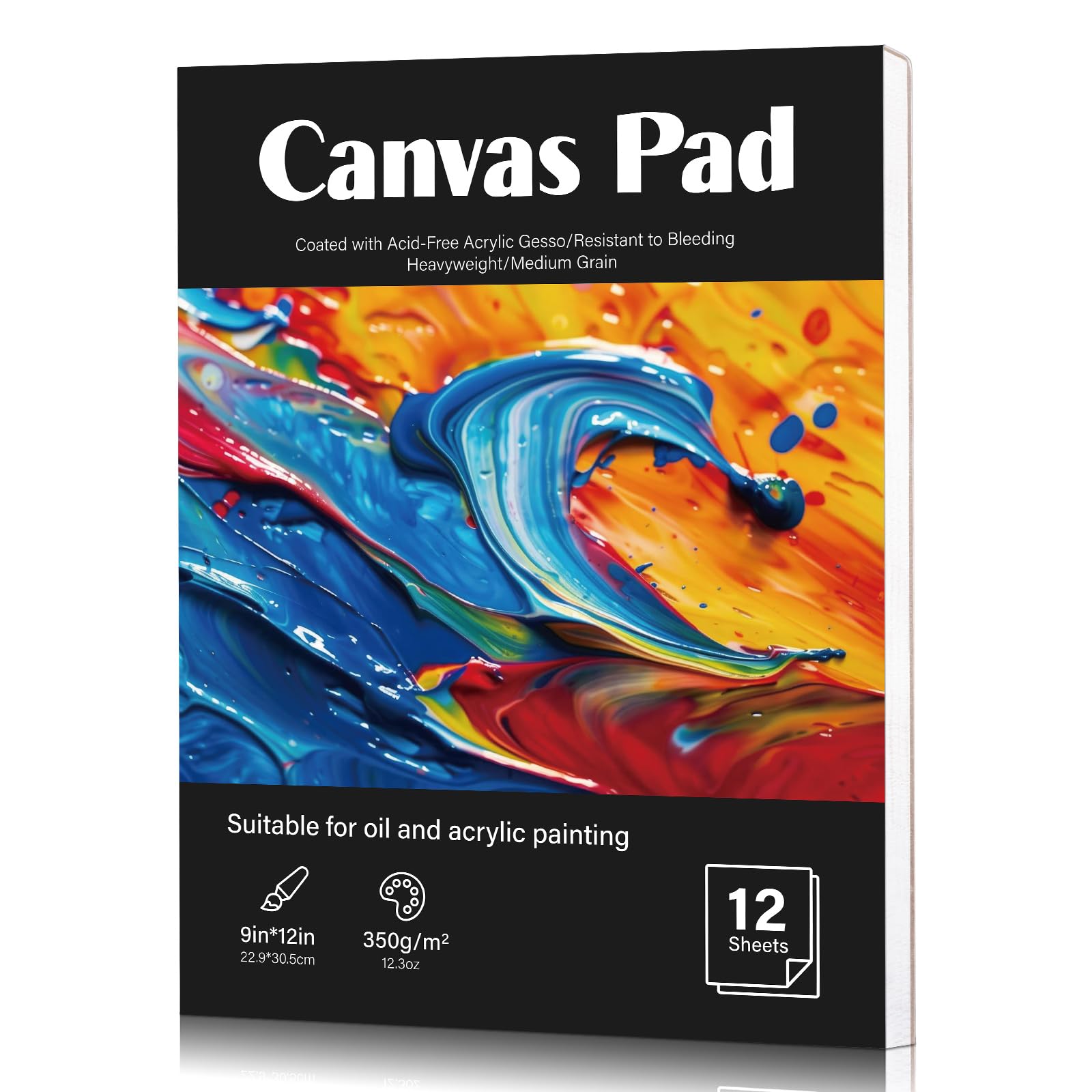 WSICSE 12 Sheets Canvas Paper Pad 9”x12”, 350 GSM Canvas Sheets Glue Bound Canvas Sketchbook for Adults and Students - Acrylic Painting, Oil Painting
