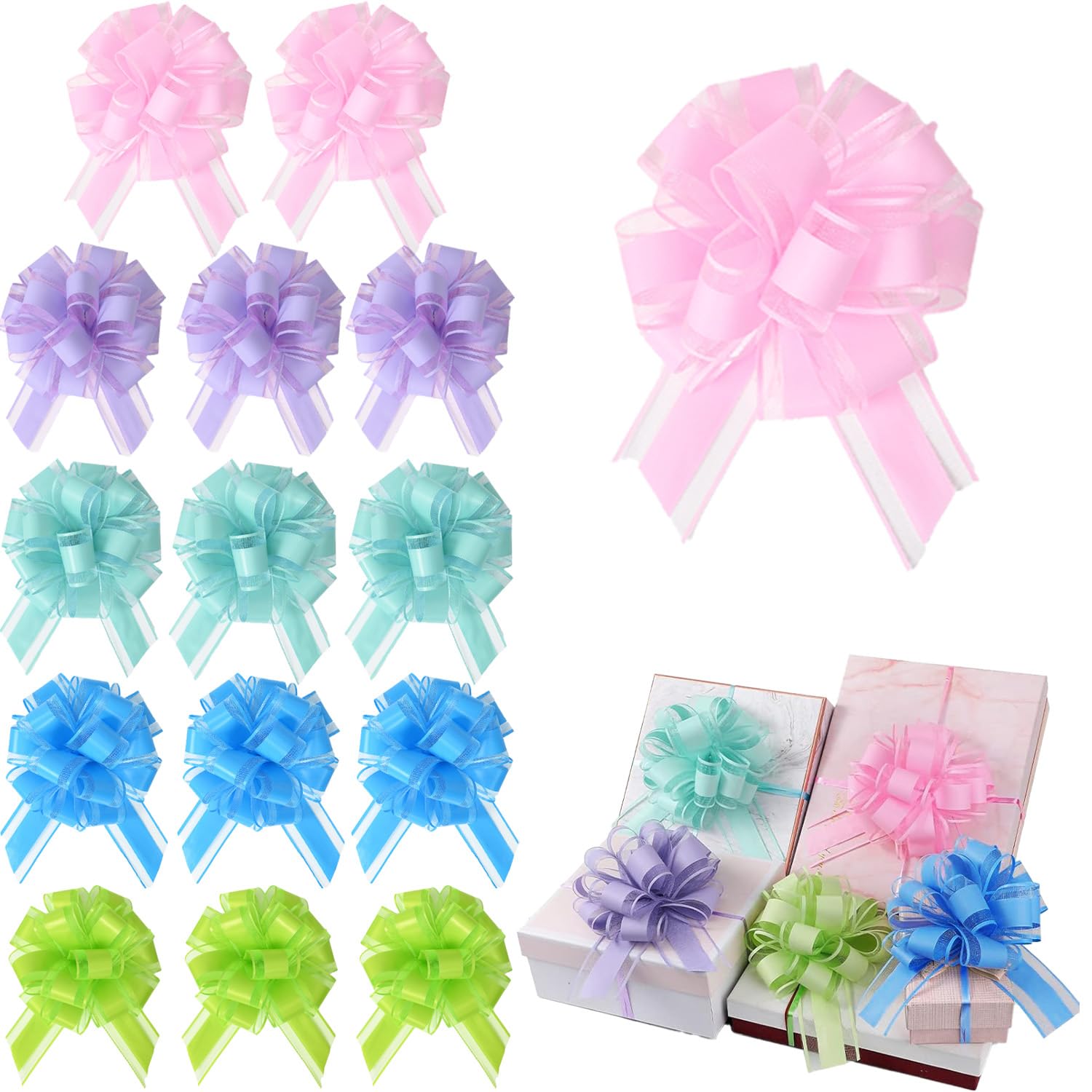 15 Pcs Gift Bows Large 6 inches Gift Pull Bows for Presents, Gift Wrap Ribbon Pull Bows for Gift Wrapping, Wedding Baskets, Presents (Bright Mix Colors)