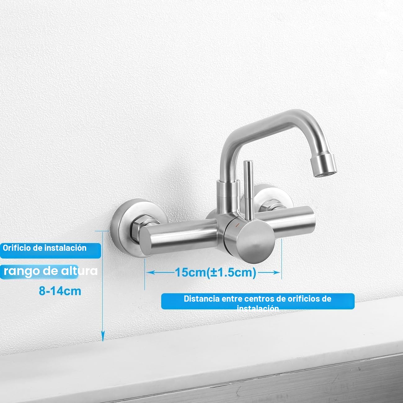 Grifo Cocina de Pared 15cm, Grifería de Fregadero Mural Giratorio a 360​°, Mezclador Monomando de Acero Inoxidable 304, Aireador Extraíble, Agua Fría y Caliente, Cepillado