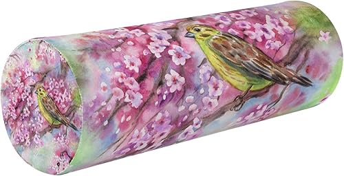 Blooming Yellow Bird on Branch Watercolor Round Cervical Roll Bolster Pillow Neck Roll Pillows Round Pillow Chair Cushion for Lumbar Support Pillow