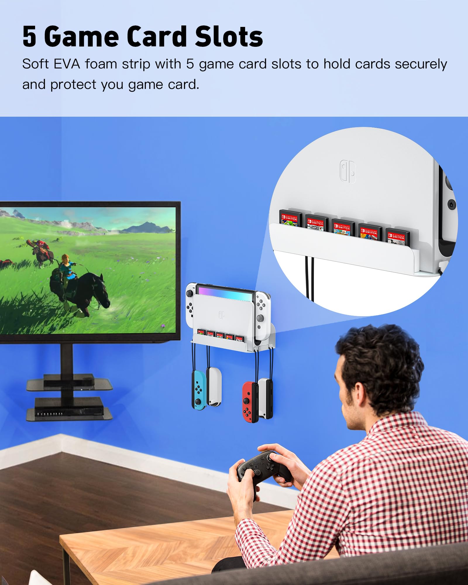 ZAONOOL Support mural pour Nintendo Switch 1 et Switch OLED, kit d'étagère murale en métal avec 5 supports de cartes de jeu et 4 crochets Joy Con, rangez en toute sécurité la console Switch près ou