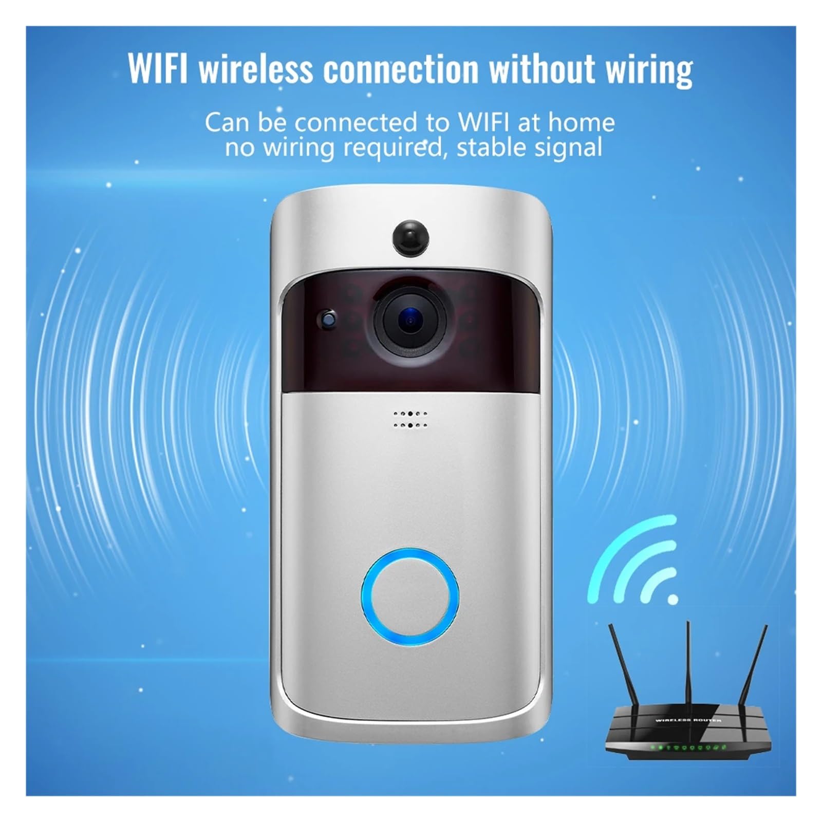 Timbre de vídeo Inteligente con WiFi IP65, Timbre casa Resistente al Agua, intercomunicador Anillo for teléfono, lámparas visión Nocturna 6x850, Alarma Seguridad infrarroja