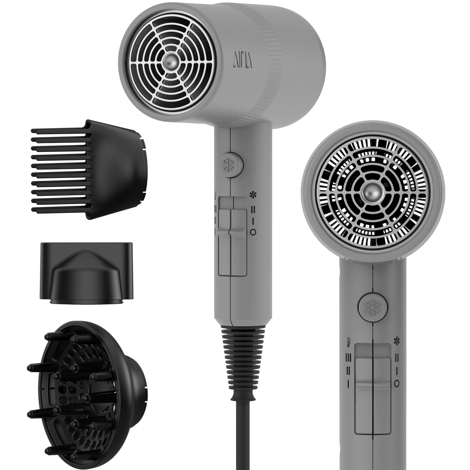 AINA Hair Dryer with Diffuser,Comb Full-Featured Blow Dryer 110V(Grey)