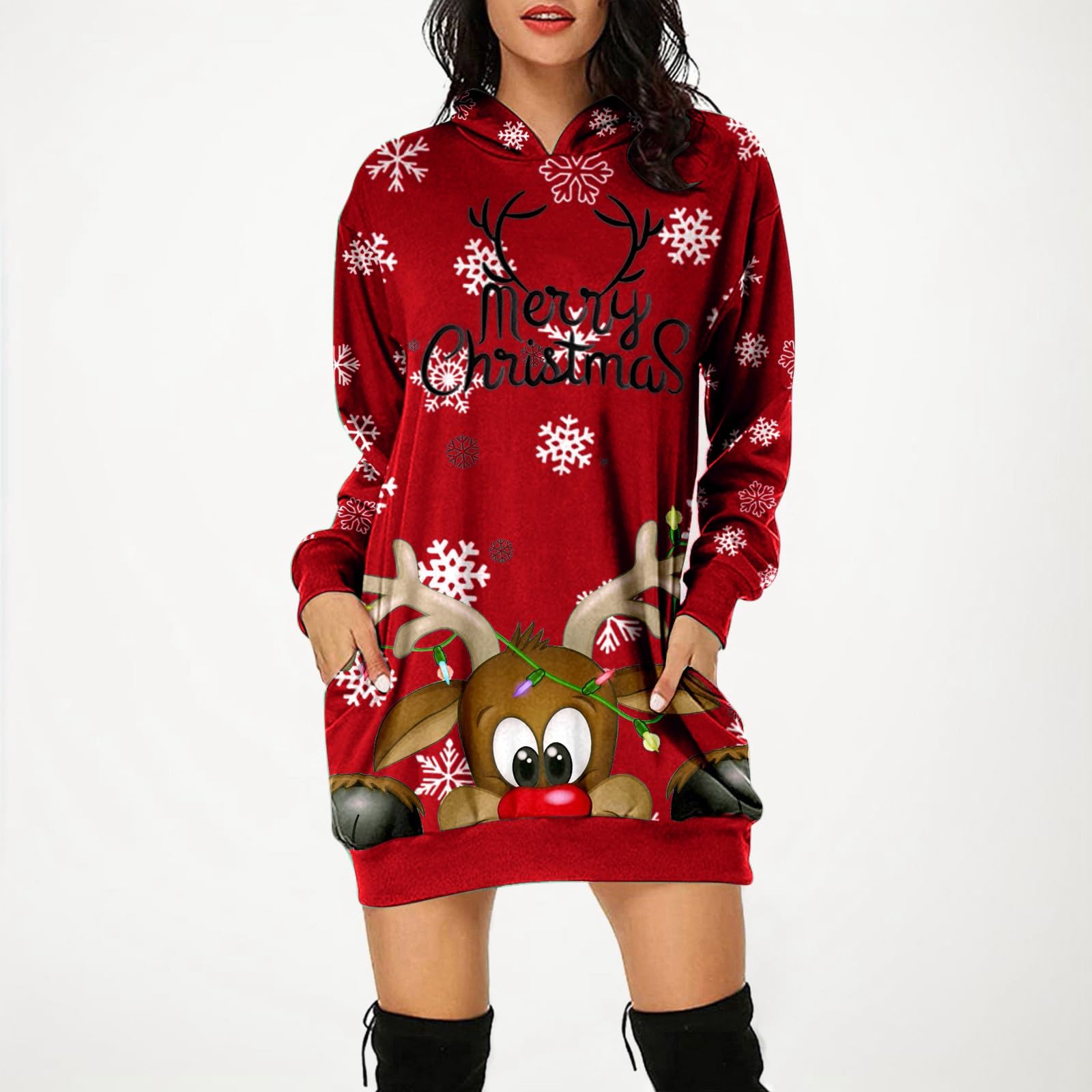 Robe Pull de Noel Femme Nouveauté Rudolph Robe Moche Noel Col Rond Robe Pull Hiver Chic Sexy Casual Robe Oversize Jupe Déguisement Mere de Noel Femme Costume Noël