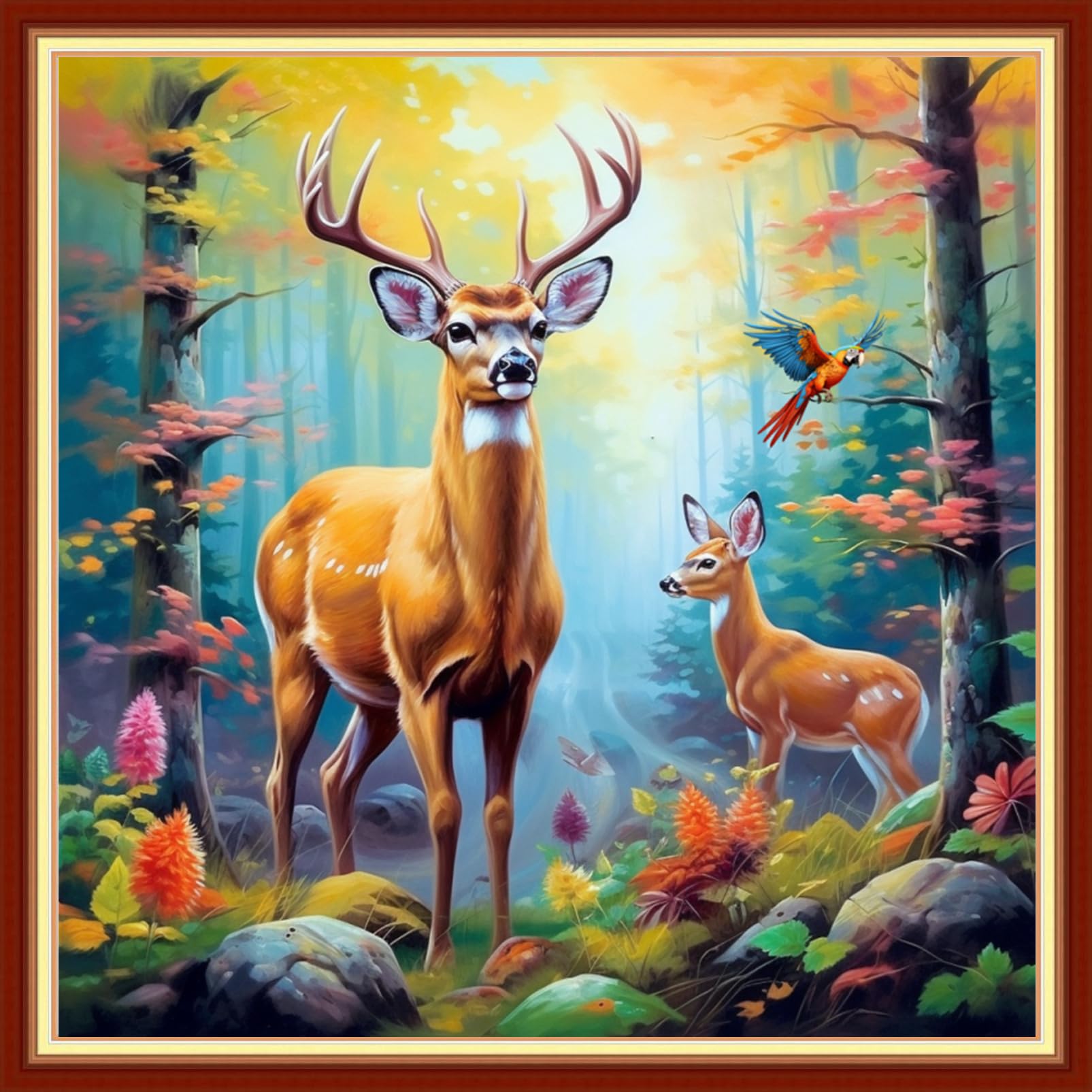 DMCVIVR Stamped Cross Stitch Kits for Beginners Adults Needlepoint Kits for Beginners Embroidery Kits for Adults Crossstitch Kit for Beginners 11CT-Forest elk 18x18 inchs