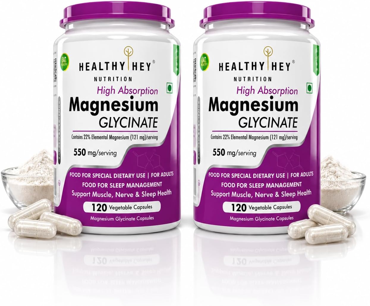 High Absorption Magnesium Glycinate, 550mg - 120 Vegetable Capsules - Pack of 2