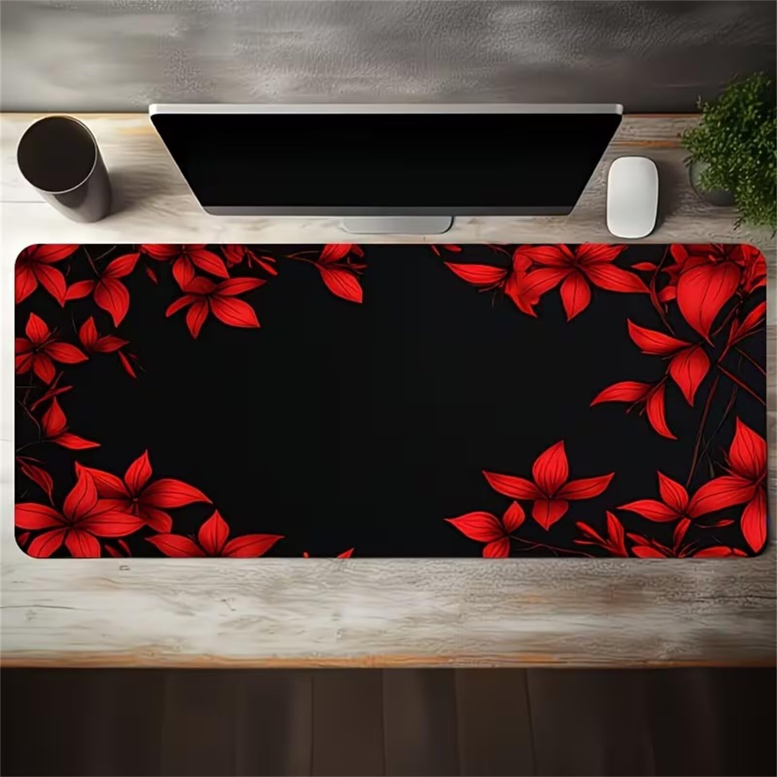 Tappetino per Mouse Gaming XXL 800x400x3mm,Sottomano Scrivania Grande Base Gomma Antiscivolo Bordi Cuciti,Ampio Tappetino per Tastiera PC Laptop Casa Ufficio (Fiori rossi neri)