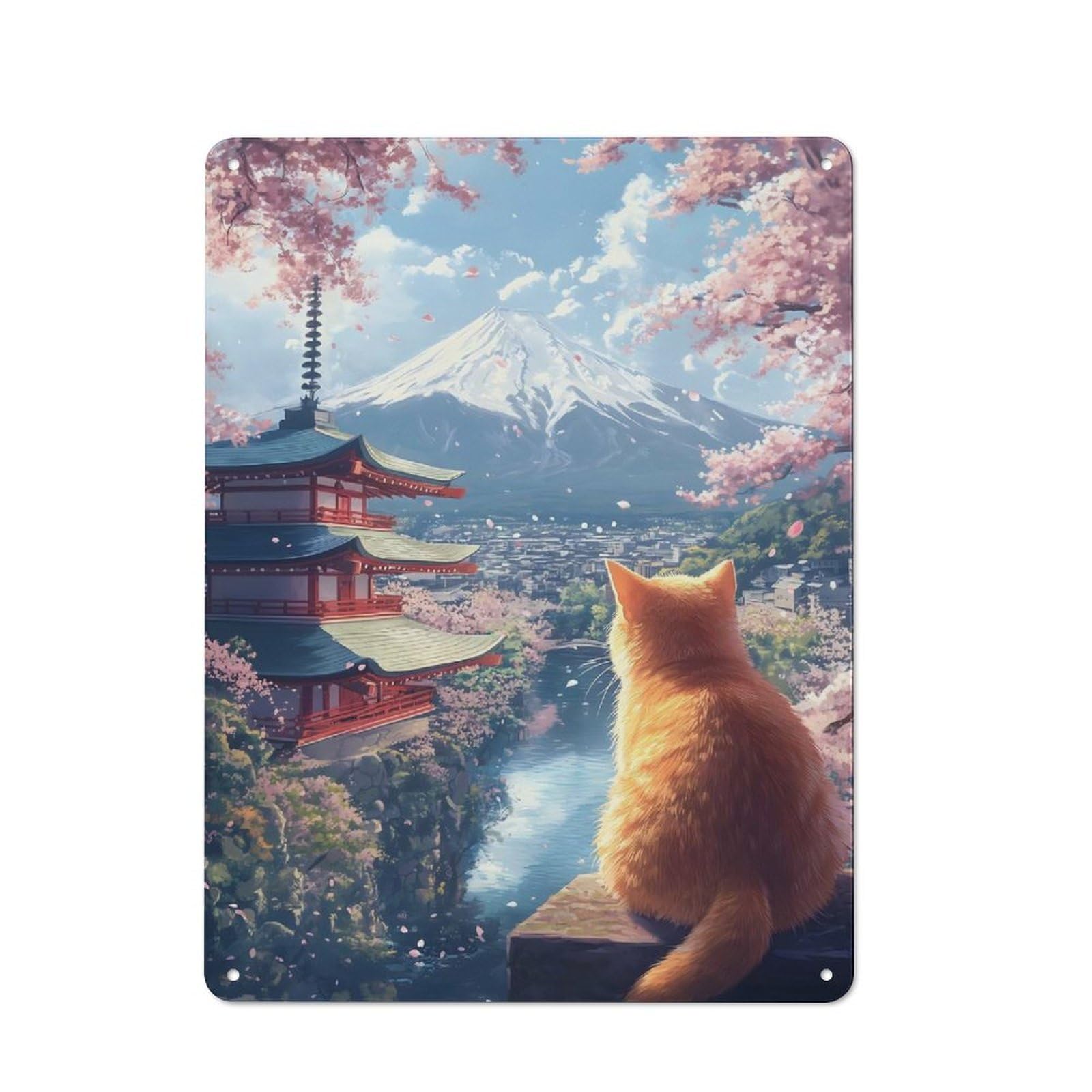 Junmoney Style-15 For Home Office Or Studio, Cat Gazing At Mount Fuji, Japan Retro Tin Wall Plaque 40X30cm, A Housewarming Gift For Creative Workspace Decorators