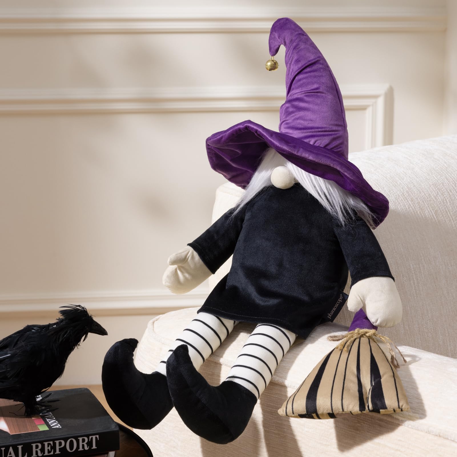 Phantoscope Happy Halloween Shaped Throw Pillow, Ghost Pillow with Witch Hat, Witch Shaped Pillow with Bell Soft Velvet 3D Halloween Throw Pillow for Couch, Purple, 28 x 14 inch