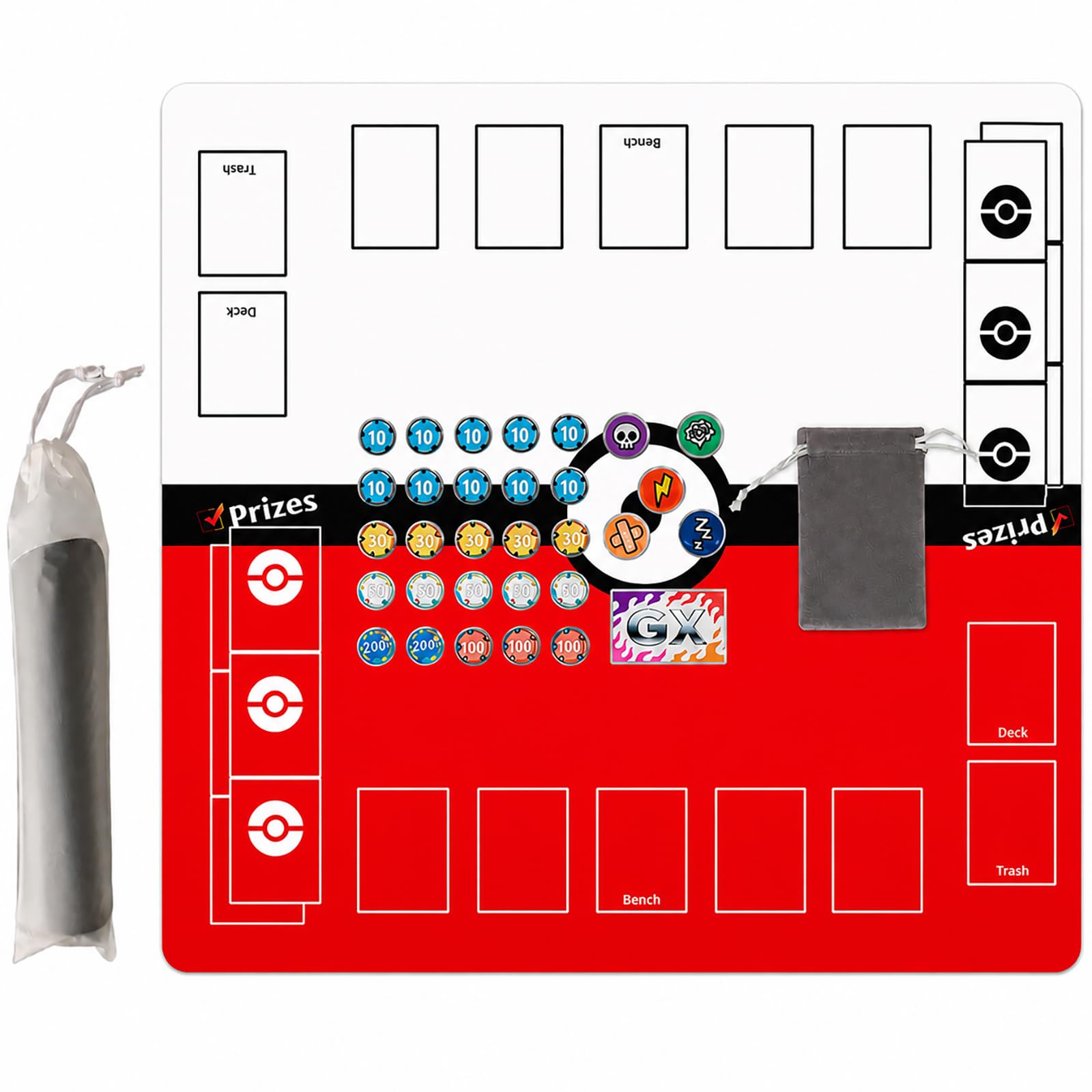 24" Playmat for Trading Card Games with Damage Counters, 2 Player Gaming Mat Board Stadium with Playmat Bag, Red-White, 2mm Thick