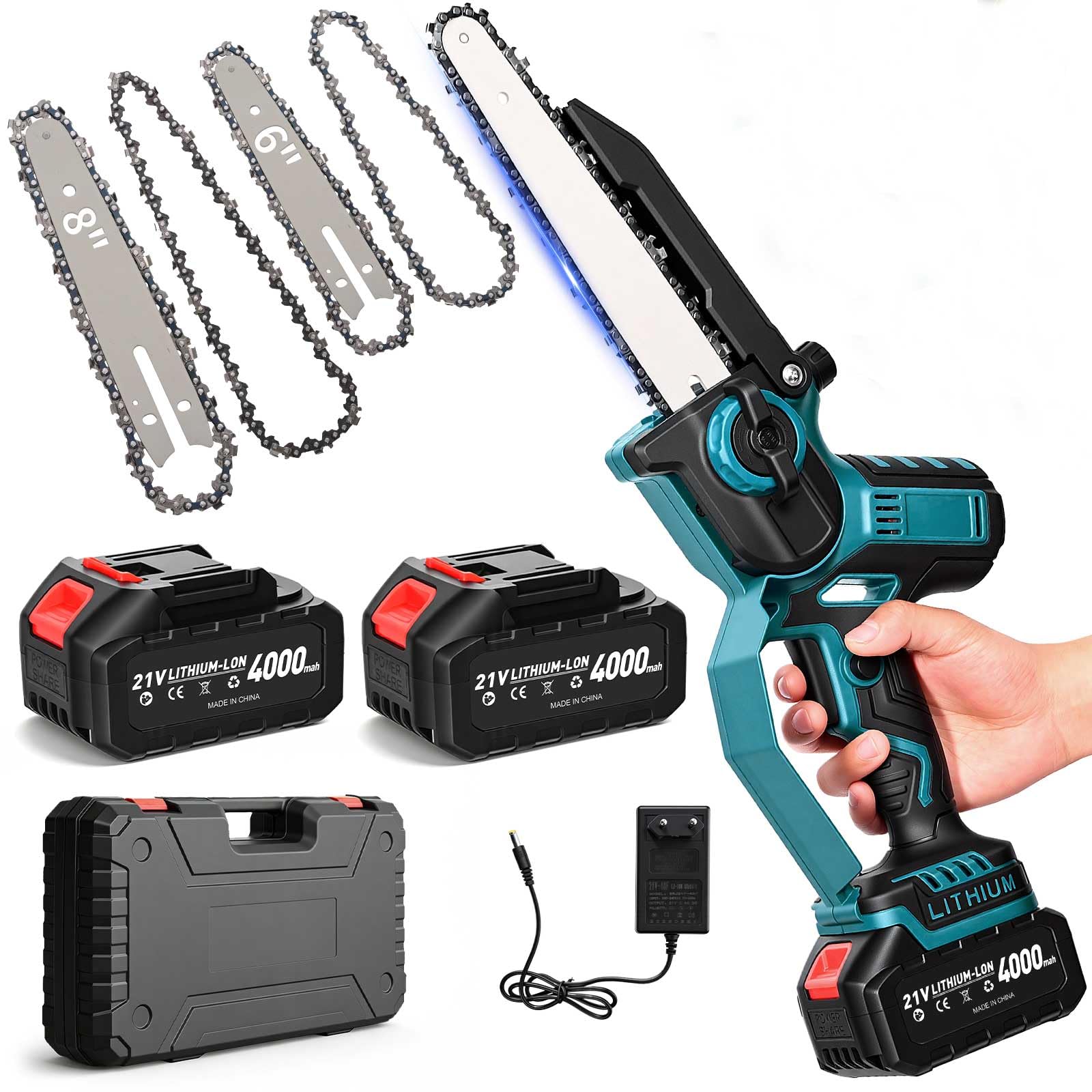 Mini motosega a batteria, 2 batterie agli ioni di litio da 4000 mAh, catena in metallo duro, lubrificazione automatica, doppia serratura di sicurezza, silenziosa e leggera, per giardino, legno