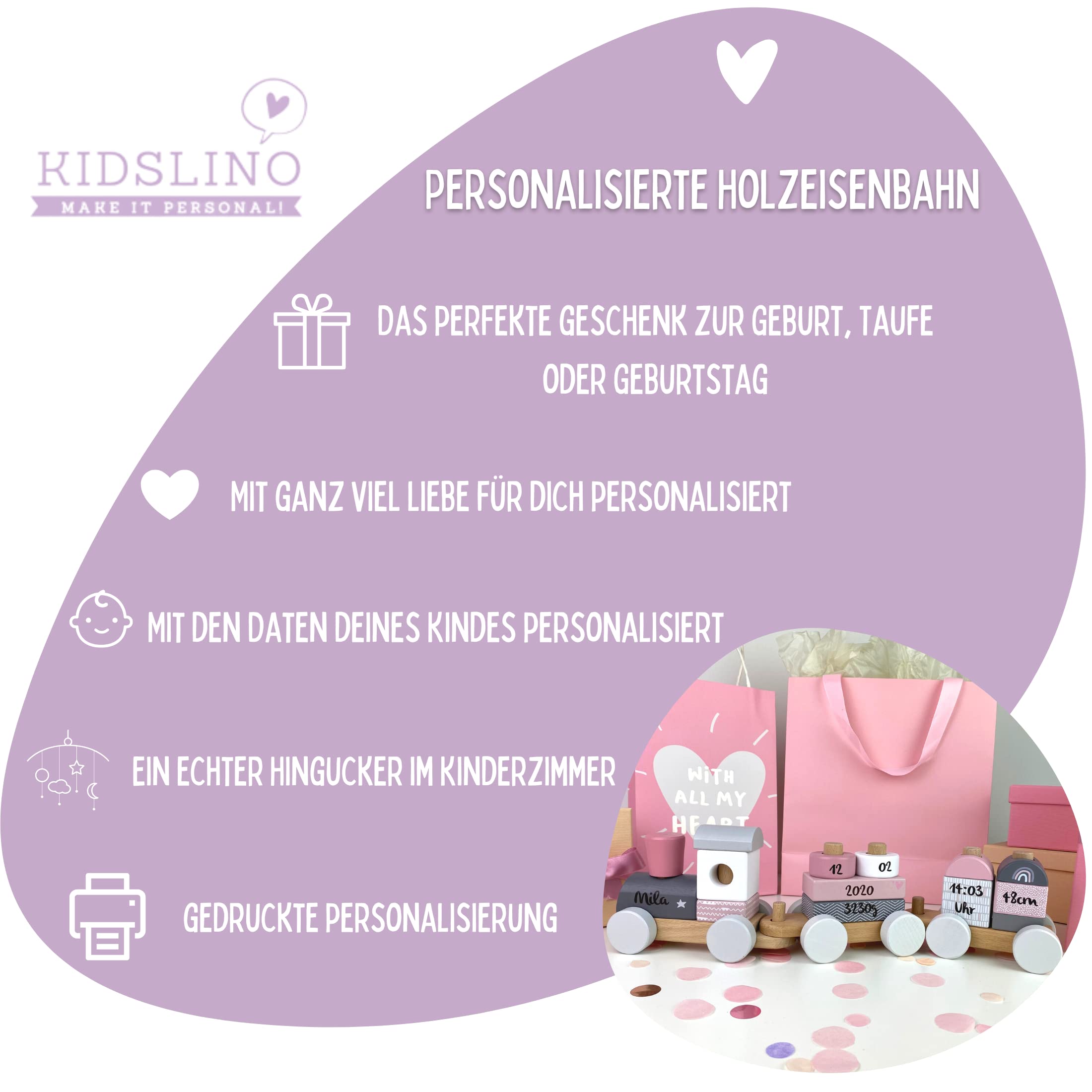 Holz Eisenbahn rosa - personalisierbar I Geschenk zur Geburt Mädchen I Handmade Holzspielzeug mit Steckformen I Personalisierte Geschenke Baby I Holzzug mit Name & Geburtsdaten