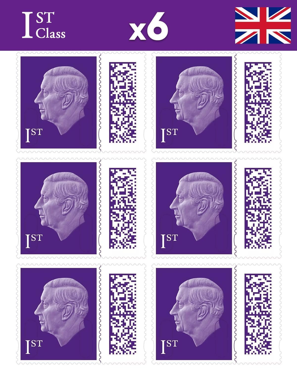 1st Class Stamps (6 Total) - 1st Class Barcoded Stamps - Barcoded Self Adhesive UK Letter Postage