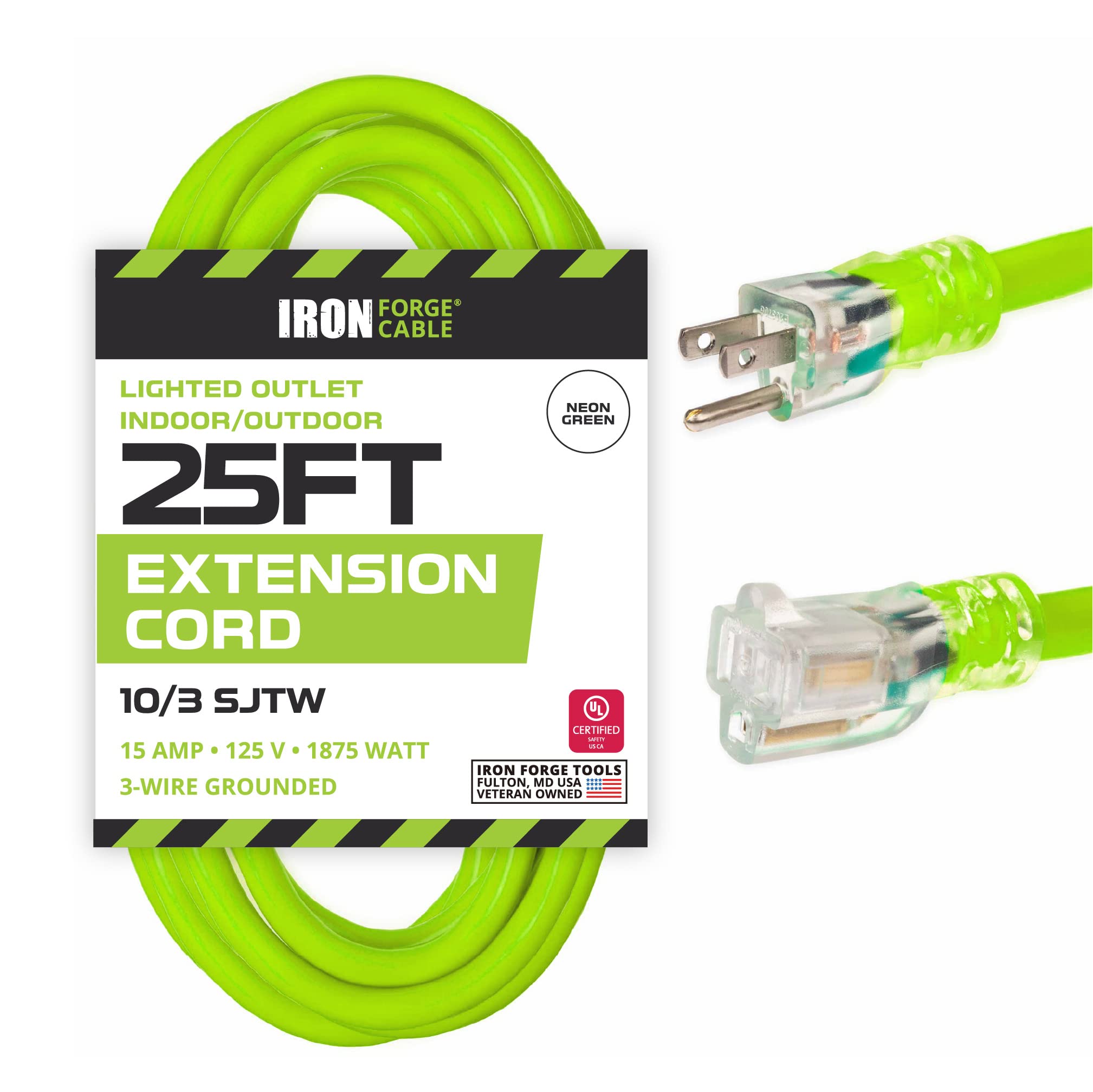 Cable de extensión para exteriores de 25 pies, 10/3 SJTW verde neón de alta visibilidad, cable de extensión de calibre 10 con enchufe a tierra de 3 puntas para mayor seguridad