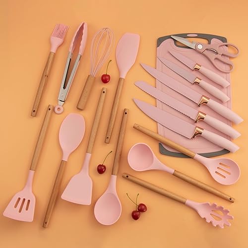 Miniatura 8 de Juego de utensilios de cocina rosa de 19 piezas, utensilios de cocina de silicona, juego de espátulas no tóxicas, herramientas de cocina, tabla de