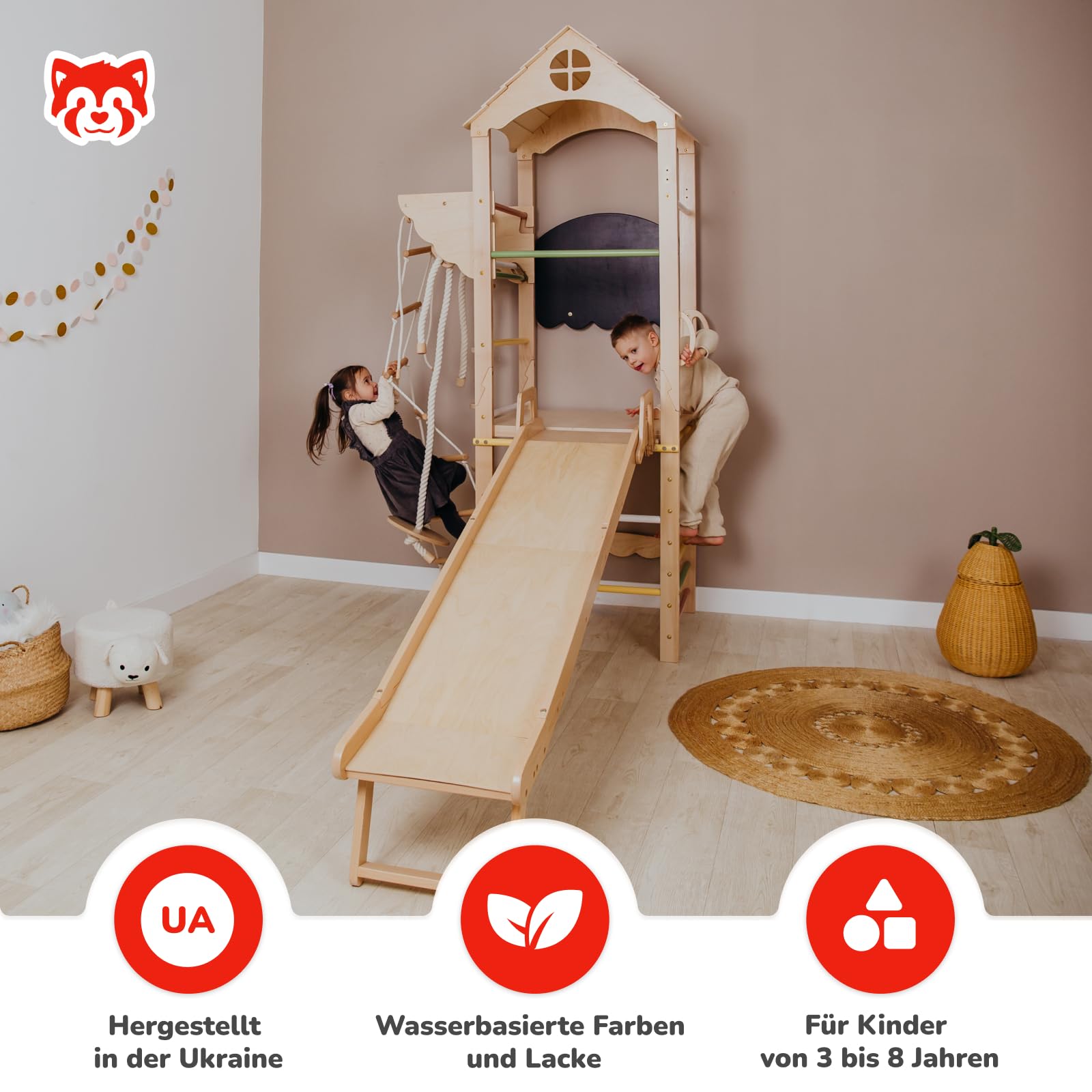 Wood And Hearts Indoor Klettergerüst aus Holz – Kinder Jungle Gym für Zuhause 3–8 Jahre, Mini Kletterturm, Kinderturngerät