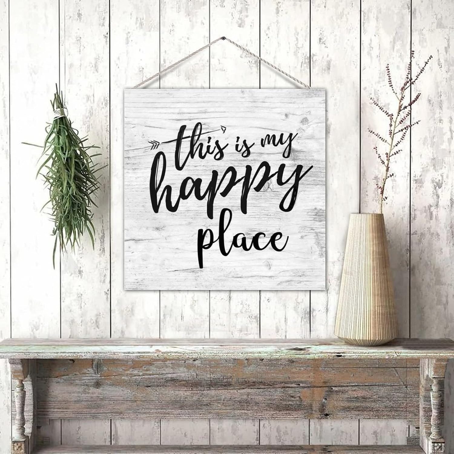 Wood Pallet Sign Plaque This is My Happy Place Country Wood Door Hanger Plaque Farmhouse Wood Plank Hanging Plaque Welcome Sign Wall Hanging Decorations for Living Room Lake House 16 Inch