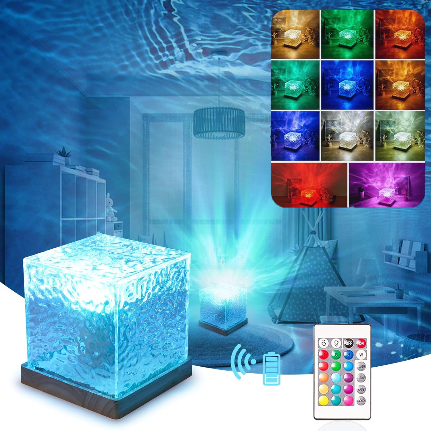 Ocean Lamp Aurora Light Projector 16 Colors Ocean Wave Cube Lamp Water Ripple Lamp Ambient Night Light with Remote Water Lamp Ambient Lighting Mood Lighting for Bedroom Kids Room Decor (USB Plug-in)